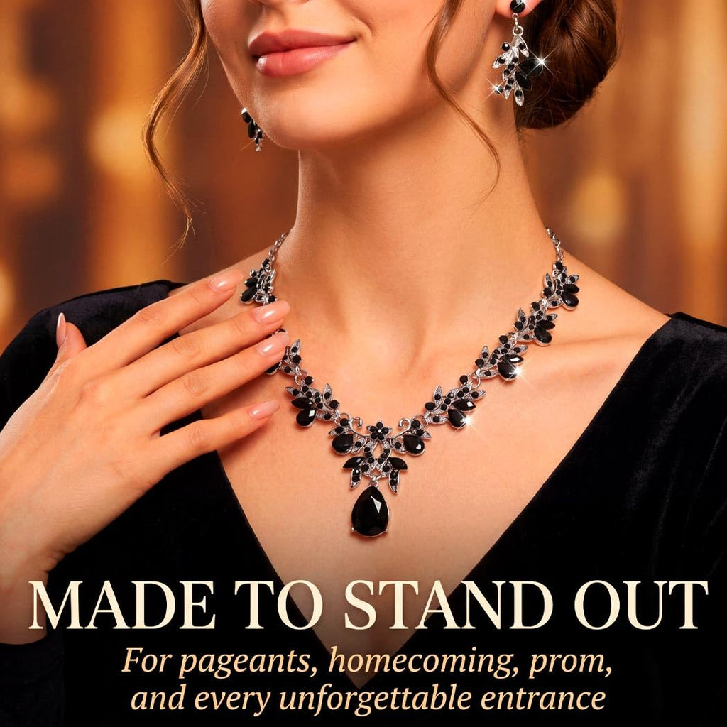 Brishow Jewelry Sets for Women Black Rhinestone Necklace Earrings Set Silver Leaf Costume Jewelry for Prom Formal Events