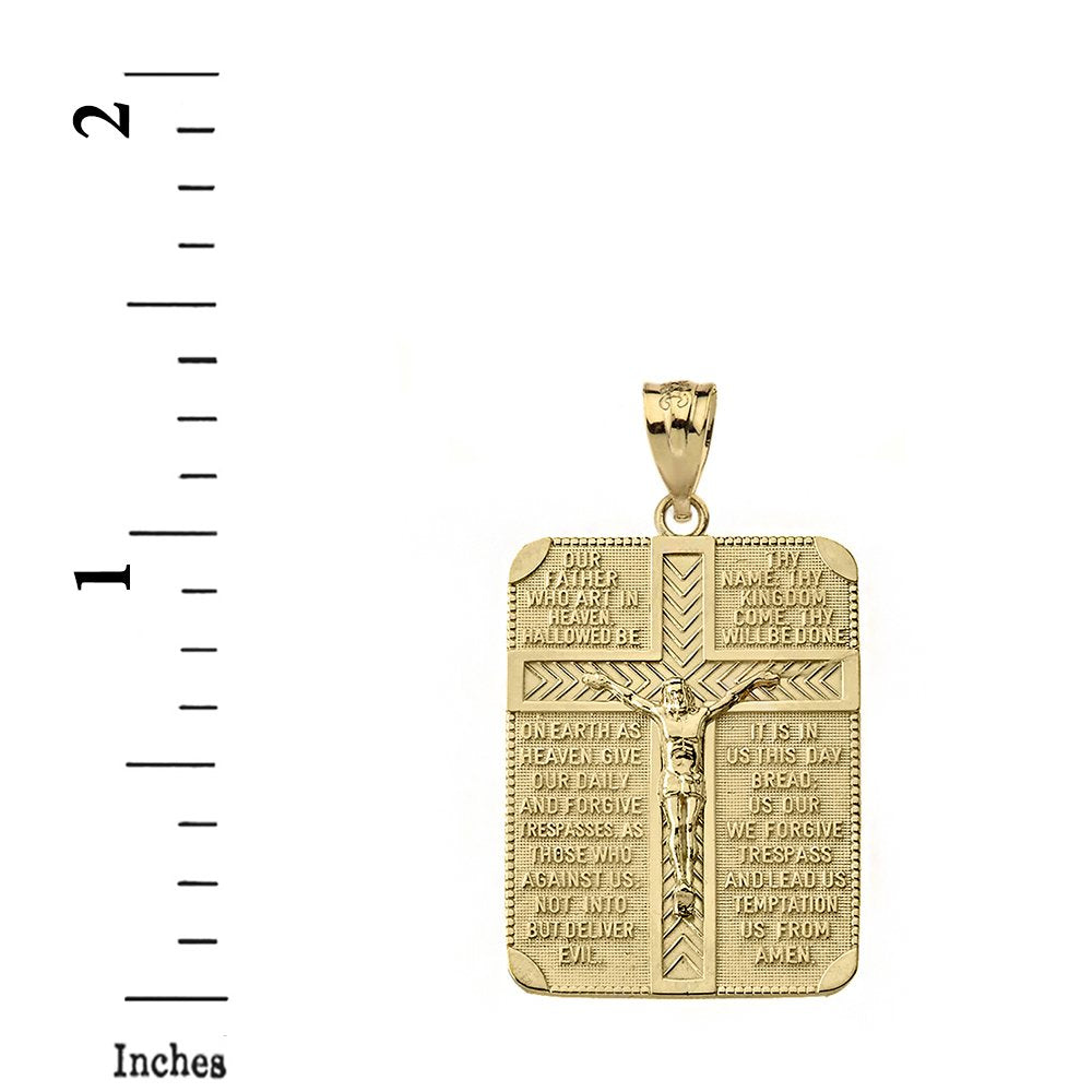 Solid 10k Gold Religious Lord's Prayer and Crucifix Cross Rectangular Tag Pendant