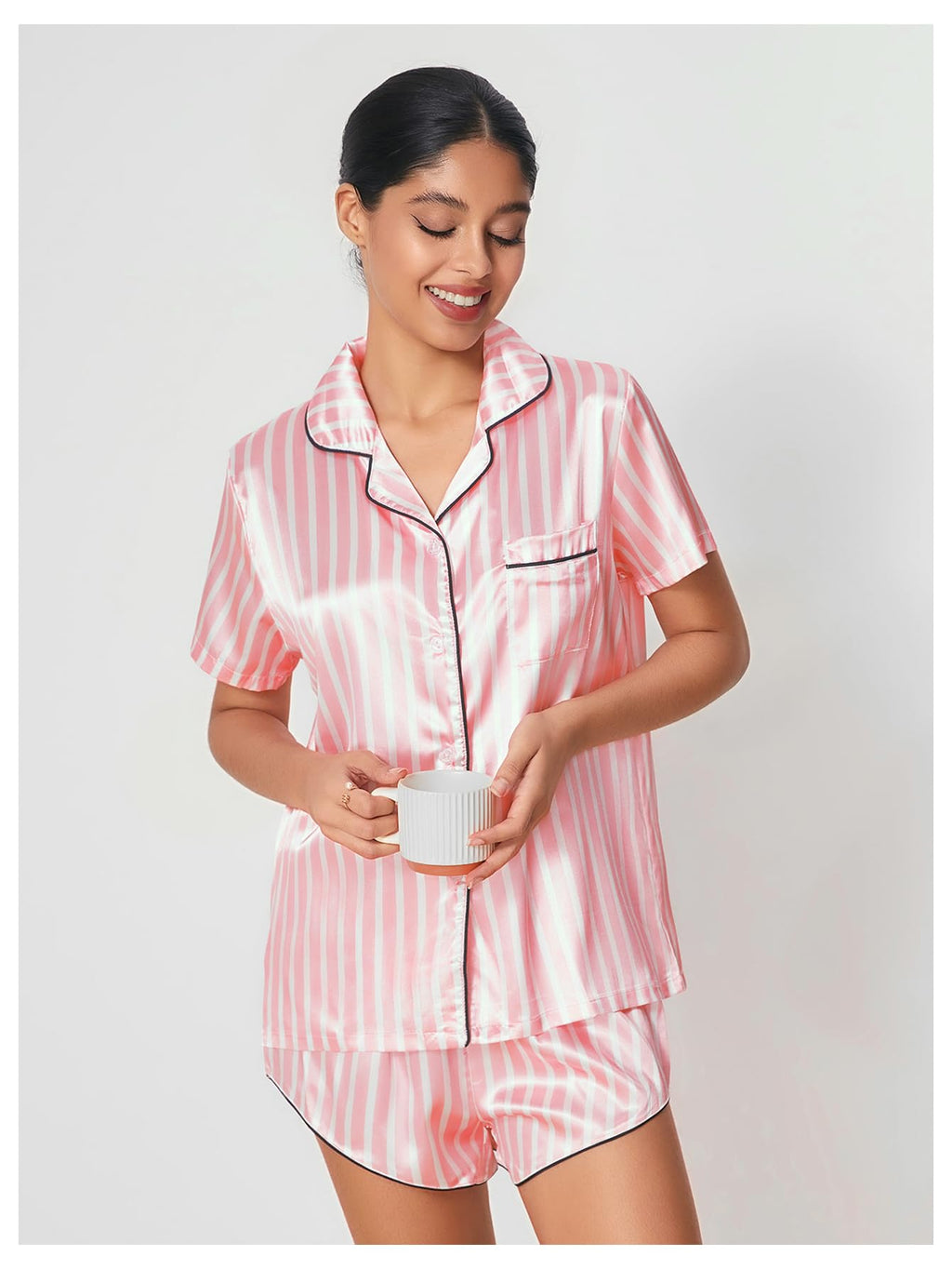 WDIRARA Women's Sleepwear Satin Short Sleeve Shirt and Shorts Pajama Set Striped Pink M