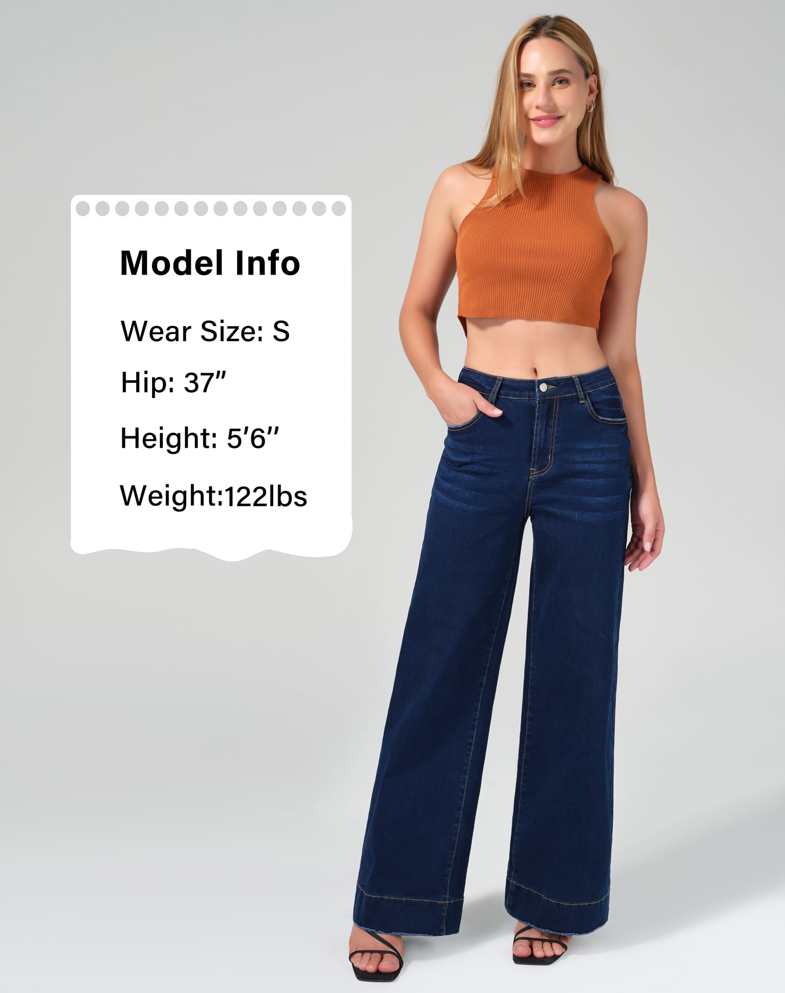 roswear Women's Wide Leg Jeans Casual High Waisted Stretchy Baggy Loose Long Trouser Jeans Classic195 Blue Large