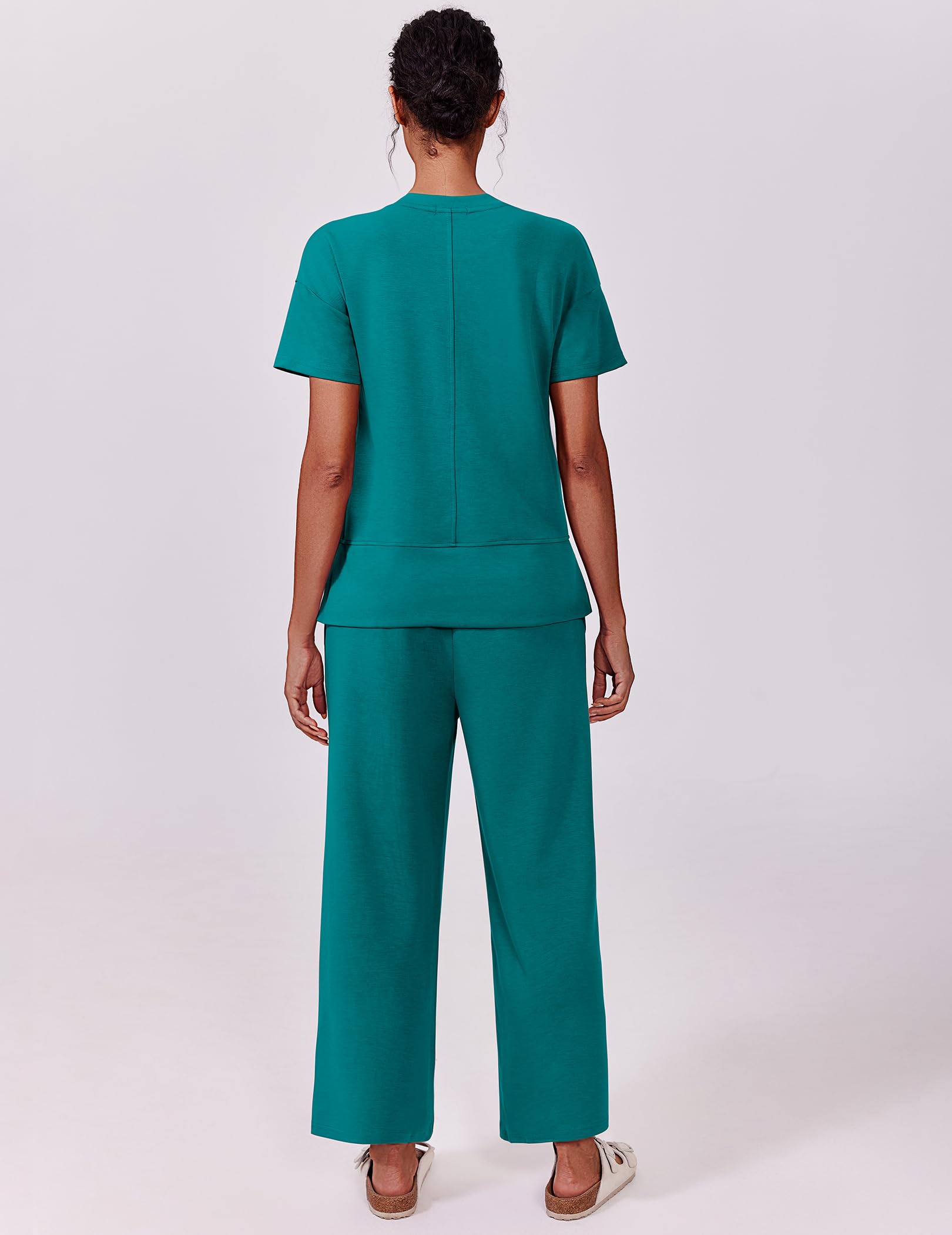 PINSPARK Matching Sets Short Sleeve Soft Lounge Sets for Women Soft Crewneck Sweatsuit with 2 Pockets Summer 2025 Womens Fashion,Teal X-Large