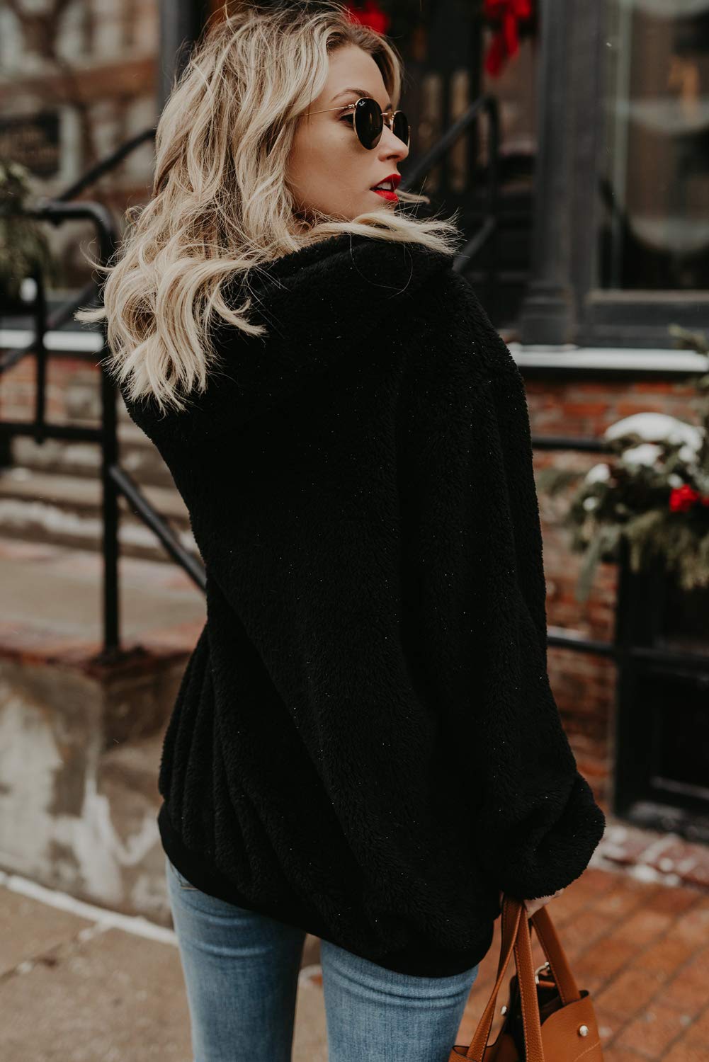 Acelitt Women's Winter Plus Size Zip Fuzzy Sherpa Sweatshirt Long Sleeve Fashion Loose Fleece Casual Hoodies Jackets Pullovers Sweater Black XXL