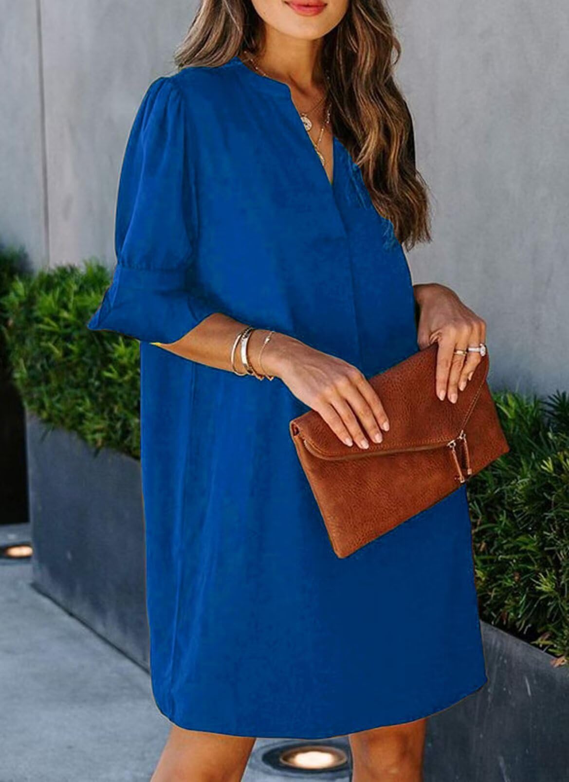 QACOHU V Neck Short Sleeve Dresses Women's Summer Mini Breathable Soft Skin-Friendly and Comfortable Tunic Dress Royal Blue L