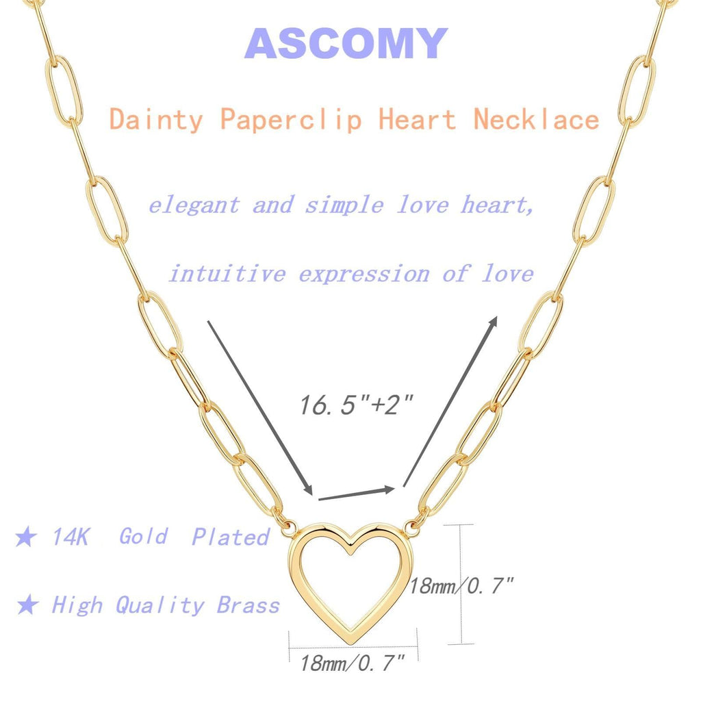 ASCOMY Dainty Gold Necklace for Women 14K Gold Plated Necklaces for Her Delicate Love Heart Necklace Paperclip Chain Heart Pendant Cute Necklaces Festival Jewelry Gift for Women