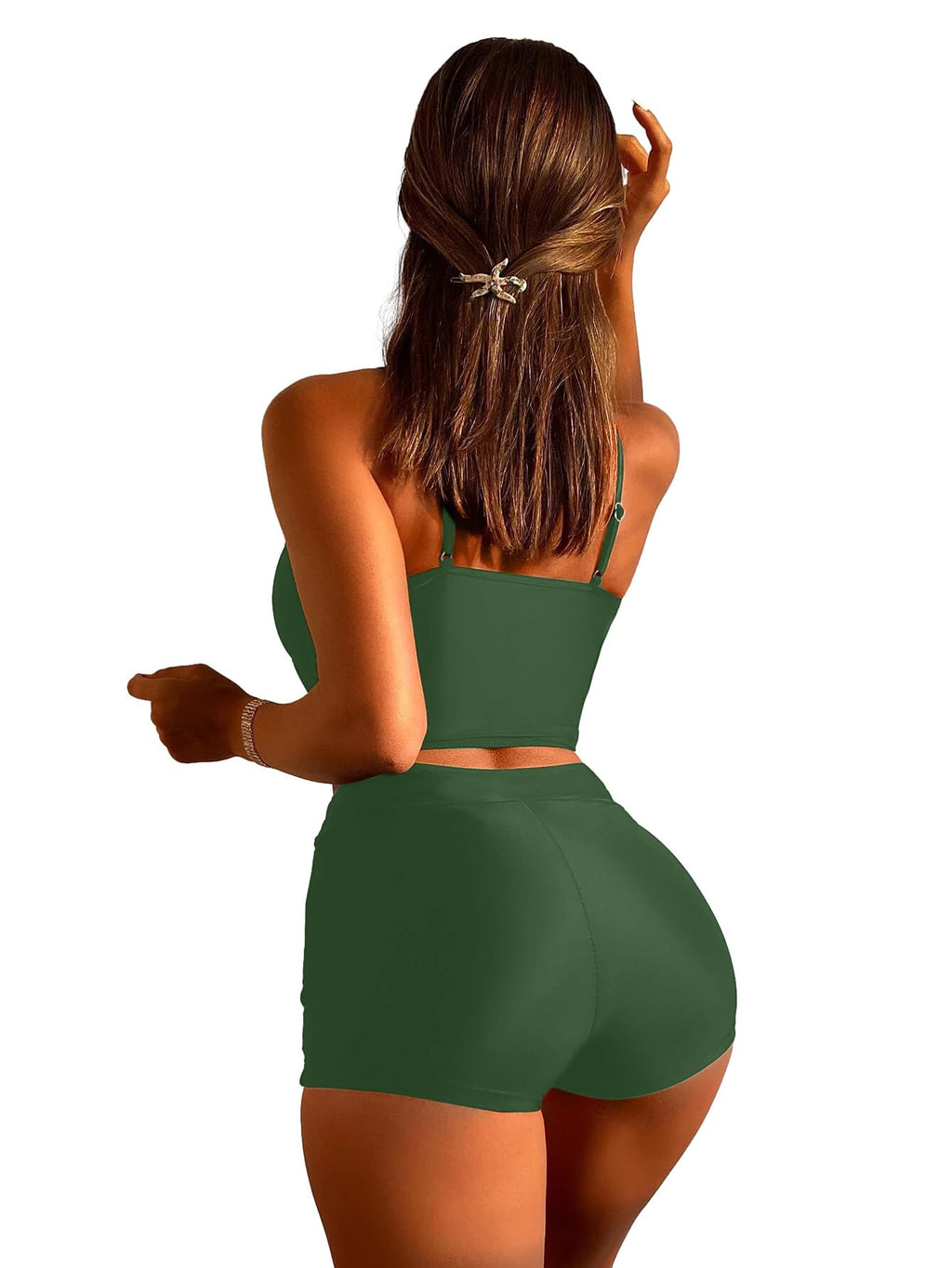 Lilosy High Waisted Tummy Control Drawstring Bikini Set String Swimsuit Cami Top and Tie Side Shorts 2 Piece Women Bathing Suit Army Green Small