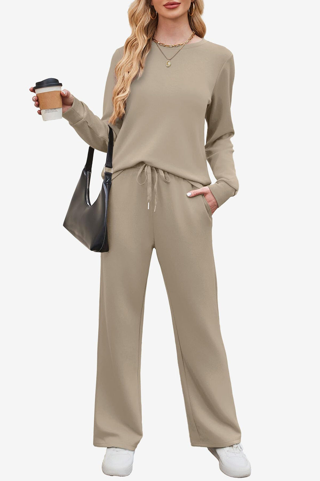 WIHOLL Sweatsuits Women 2 Piece Outfit 2025 Fall Winter Matching Sets Clothing Wide Leg Sweatpants Tracksuits Concert Outfits 90s Jogger Sets Teacher Womens Clothes Khaki L