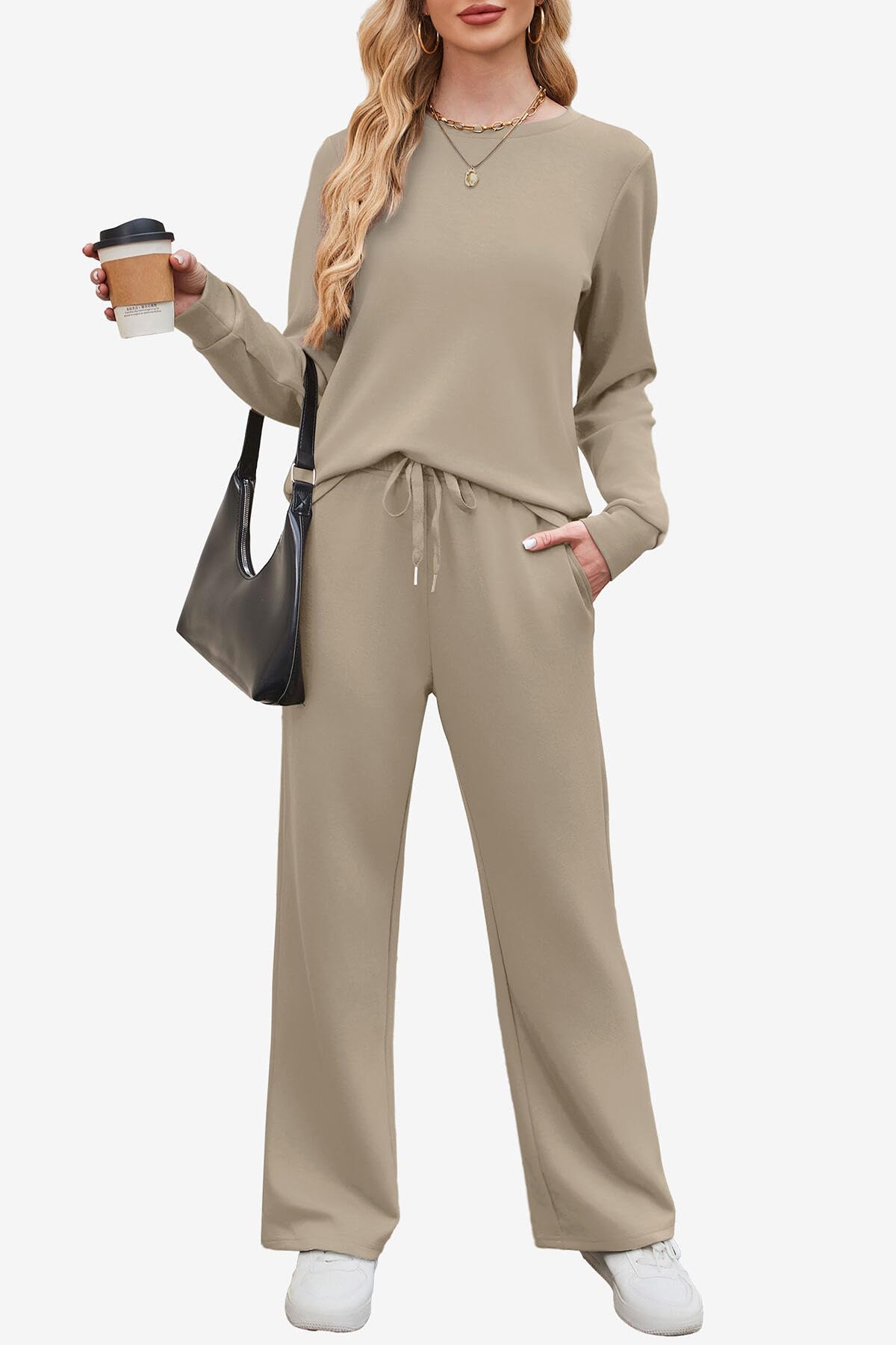 WIHOLL Sweatsuits Women 2 Piece Outfit 2025 Fall Winter Matching Sets Clothing Wide Leg Sweatpants Tracksuits Concert Outfits 90s Jogger Sets Teacher Womens Clothes Khaki L