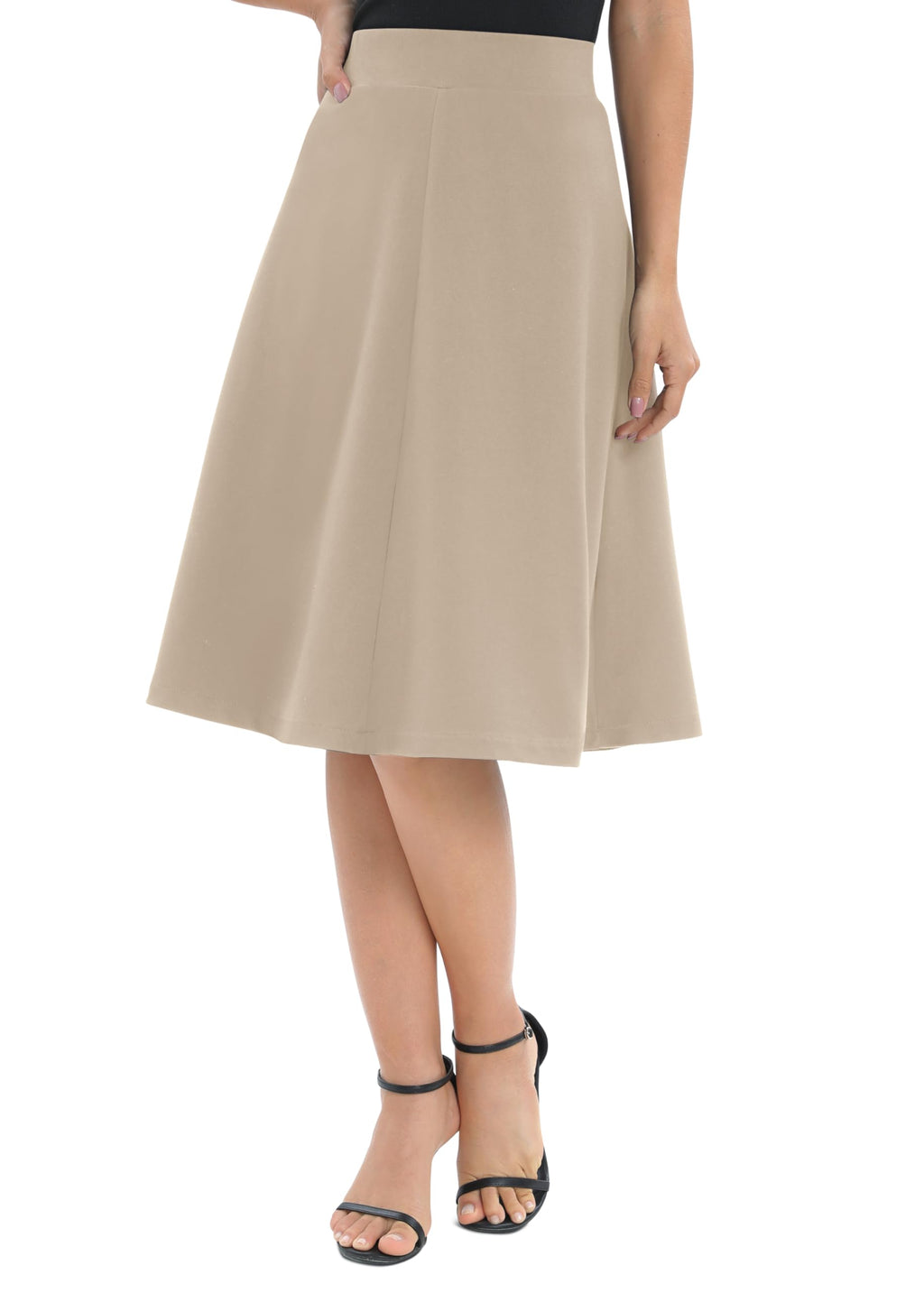 Urban CoCo Women's A-Line Elastic High Waist Flare Work Midi Knee Length Stretchy Skirt(S, Camel)