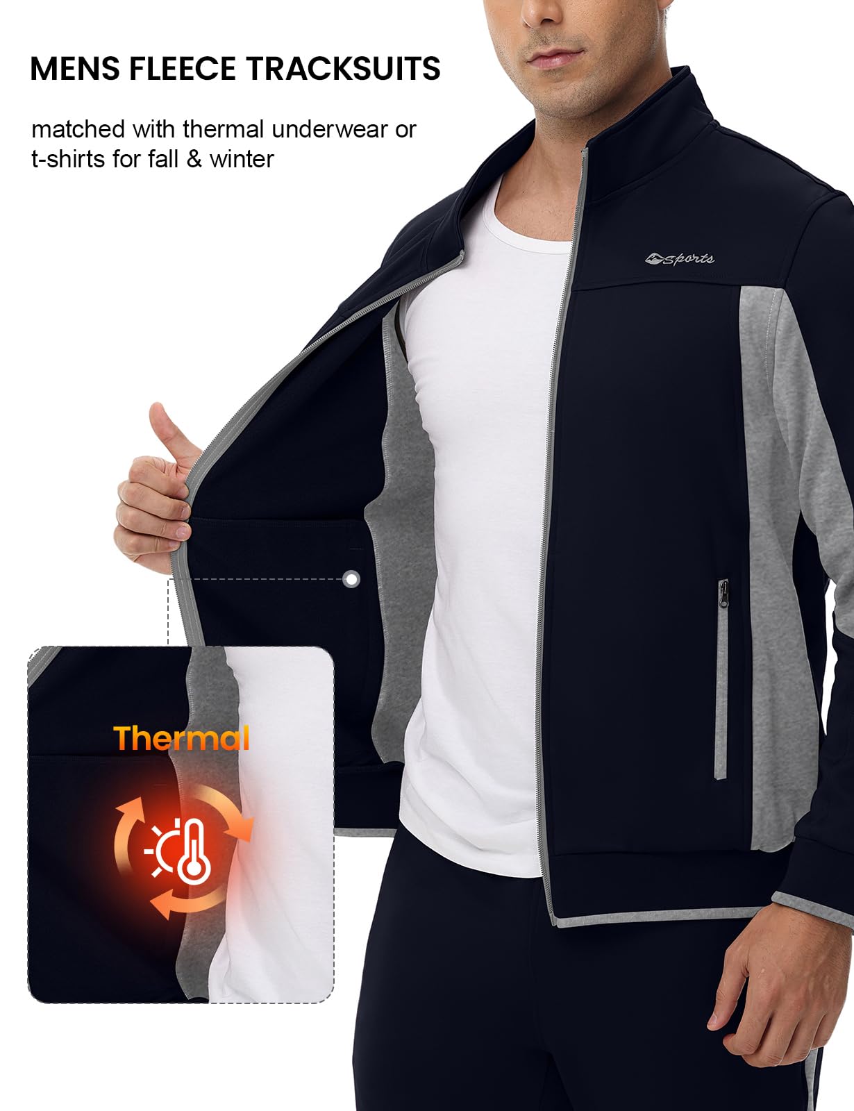 TBMPOY Men's Fleece Lined Tracksuits Sweatsuits 2 Piece Sets Winter Jogging Track Sweat Suits Thermal Casual Outfits Dark Blue/Light Grey L