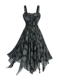 Rosegal Plus Size Gothic Dress for Women Halloween Costume Tie Dye Rose Print Lace-up Buckled Straps Handkerchief Hem Tank Goth Dress(Black/L)
