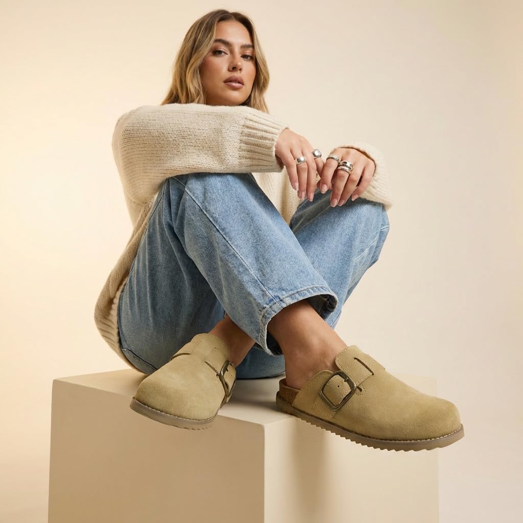 CUSHIONAIRE Blain Genuine Suede Clogs for Women | Slip-On Mules with Memory Foam & Oversized Buckle | Non-Slip Comfort Clogs & Mules Shoes for Women, Sand 10W