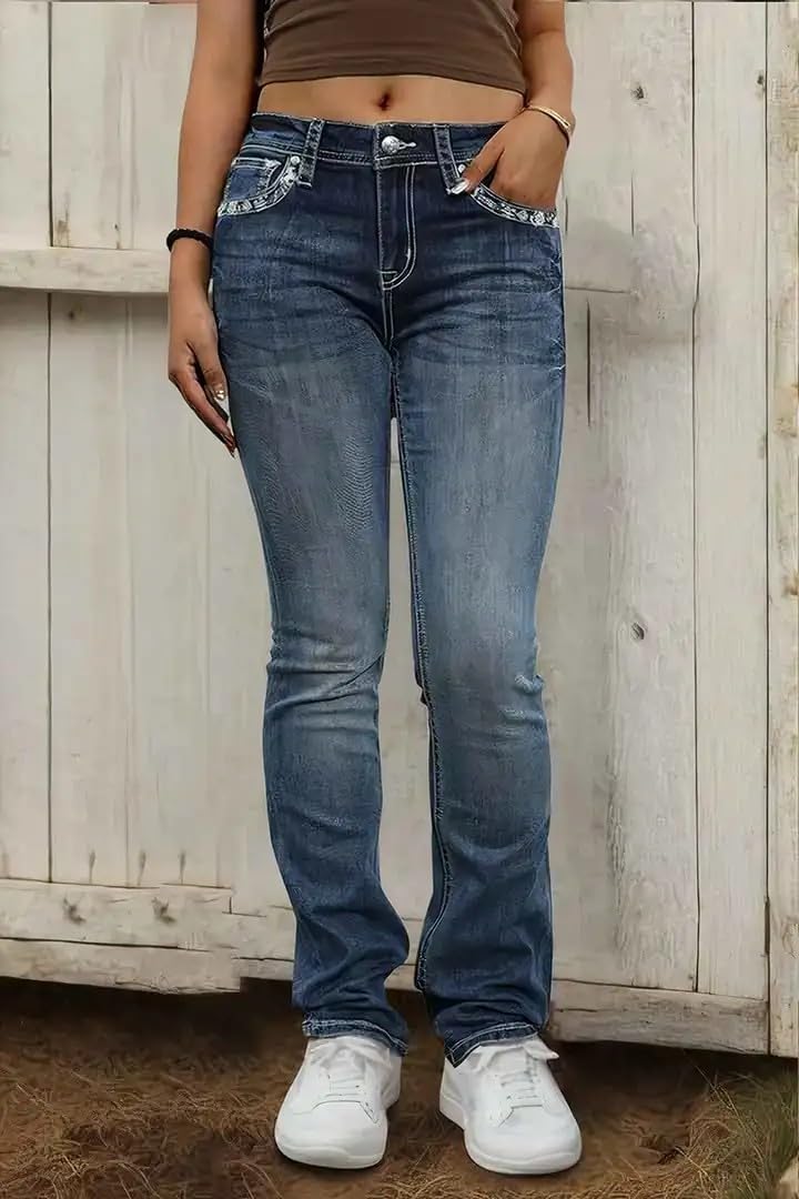 Flamingals Embroidered Bootcut Jeans for Women Mid Rise Stretchy Criss Cross Graphic Curvy Bell Bottom Jeans Navy Blue M