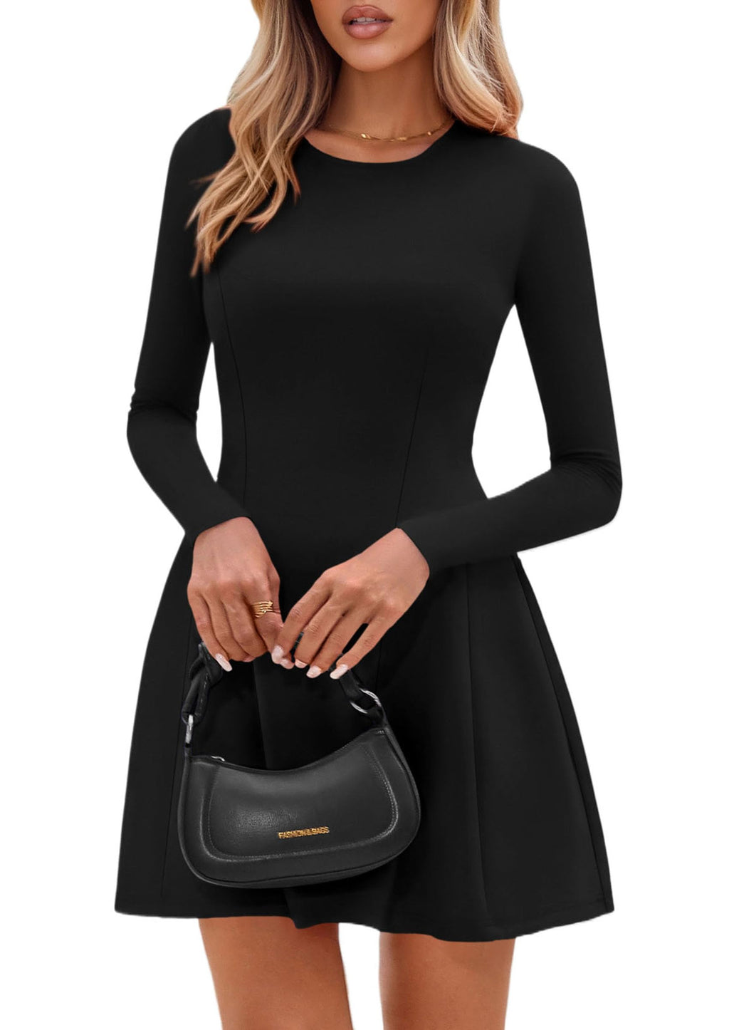 PRETTYGARDEN Long Sleeve Mini Dress for Women 2026 Spring Crewneck Knit Pleated Babydoll A Line Casual Short Party Dresses (Black,Large)