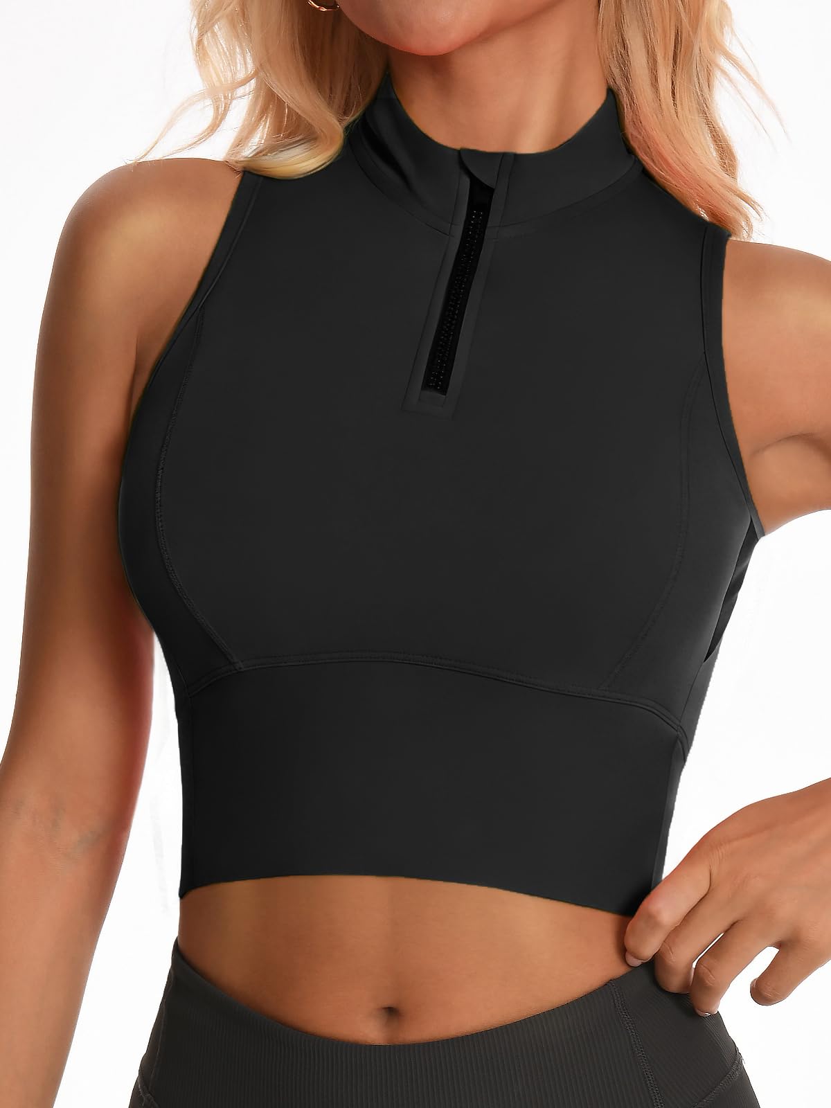 AAARYA Zip Front Cropped Workout Tank Tops with Built in Sports Bra Black M