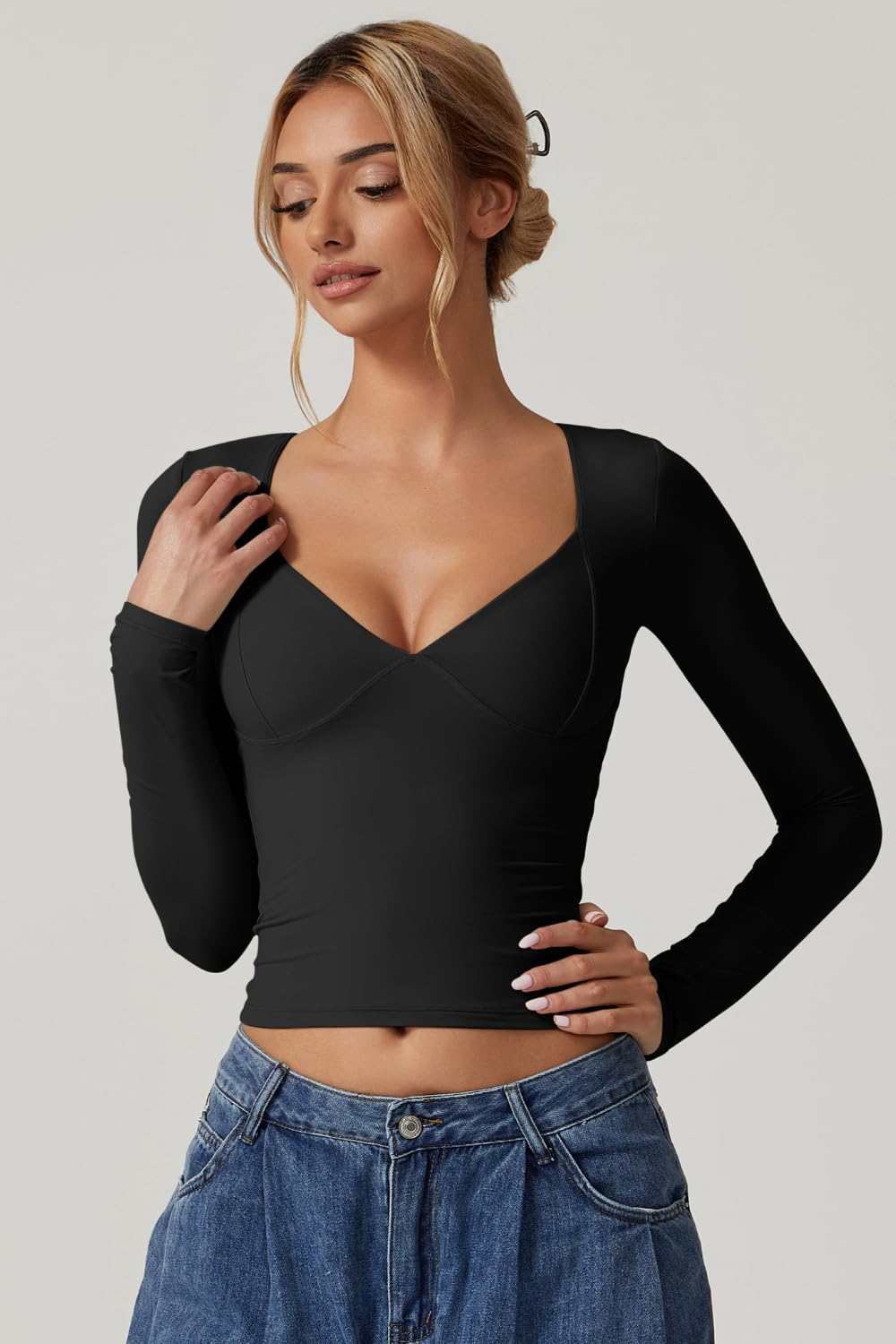 QINSEN Long Sleeve V Neck T Shirts for Women Double Lined Tee Sexy Seamed Cup Going Out Tops Black S