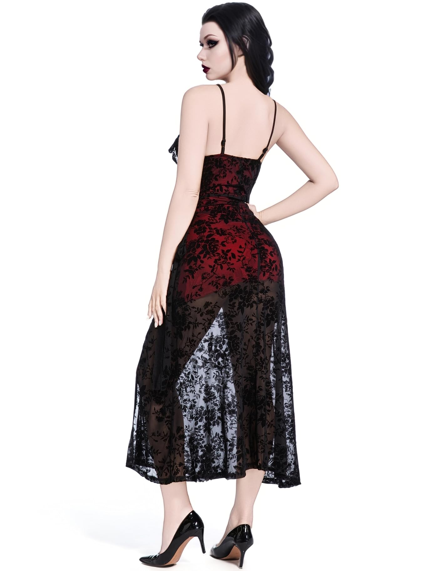 LANSHULAN Red & Black Velvet Slit Fitted Midi Goth Dress,Gothic Vintage Renaissance Halloween Dress