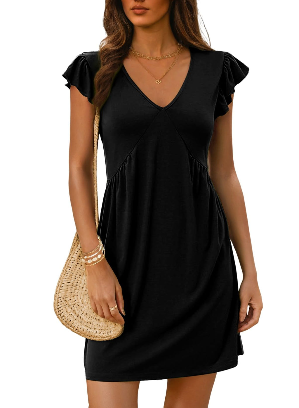 Dokotoo Black Summer Dresses for Women Mini Dress Casual 2025 Sundresses Vacation Holiday V Neck Beach Women's Sun Dress Fall Cute Petite Short Dresses Fashion