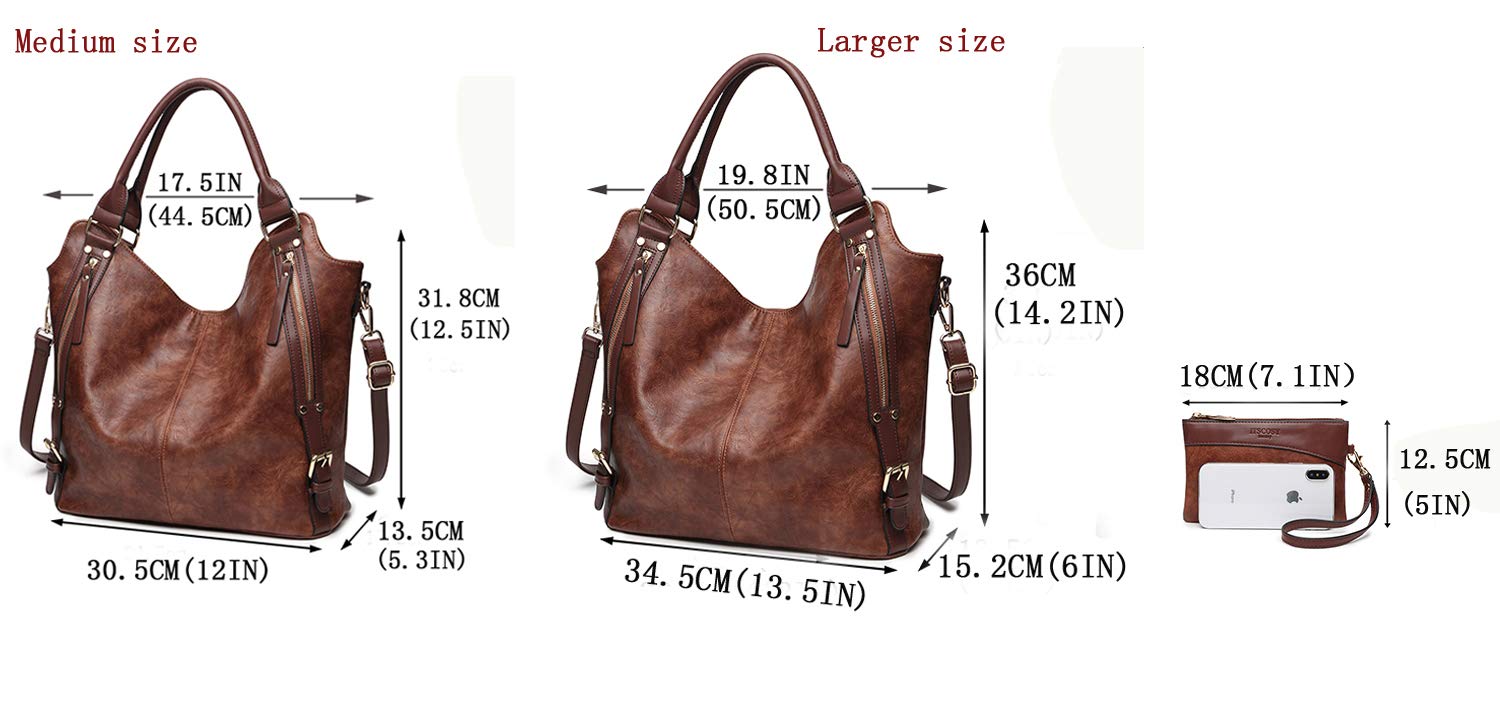 Women Tote Bag Handbags PU Leather Fashion Hobo Shoulder Bags with Adjustable Shoulder Strap (Brown, L)