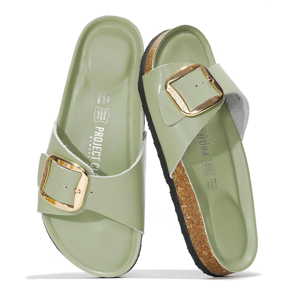 Project Cloud 100% Genuine Leather Sandals Women Dressy Beach Essentials Slides for Women Footwear-Lightweight with Memory Foam Insole Sandals for Women 2026-Womens Slides (Mykonos,PISTACHIO,10)