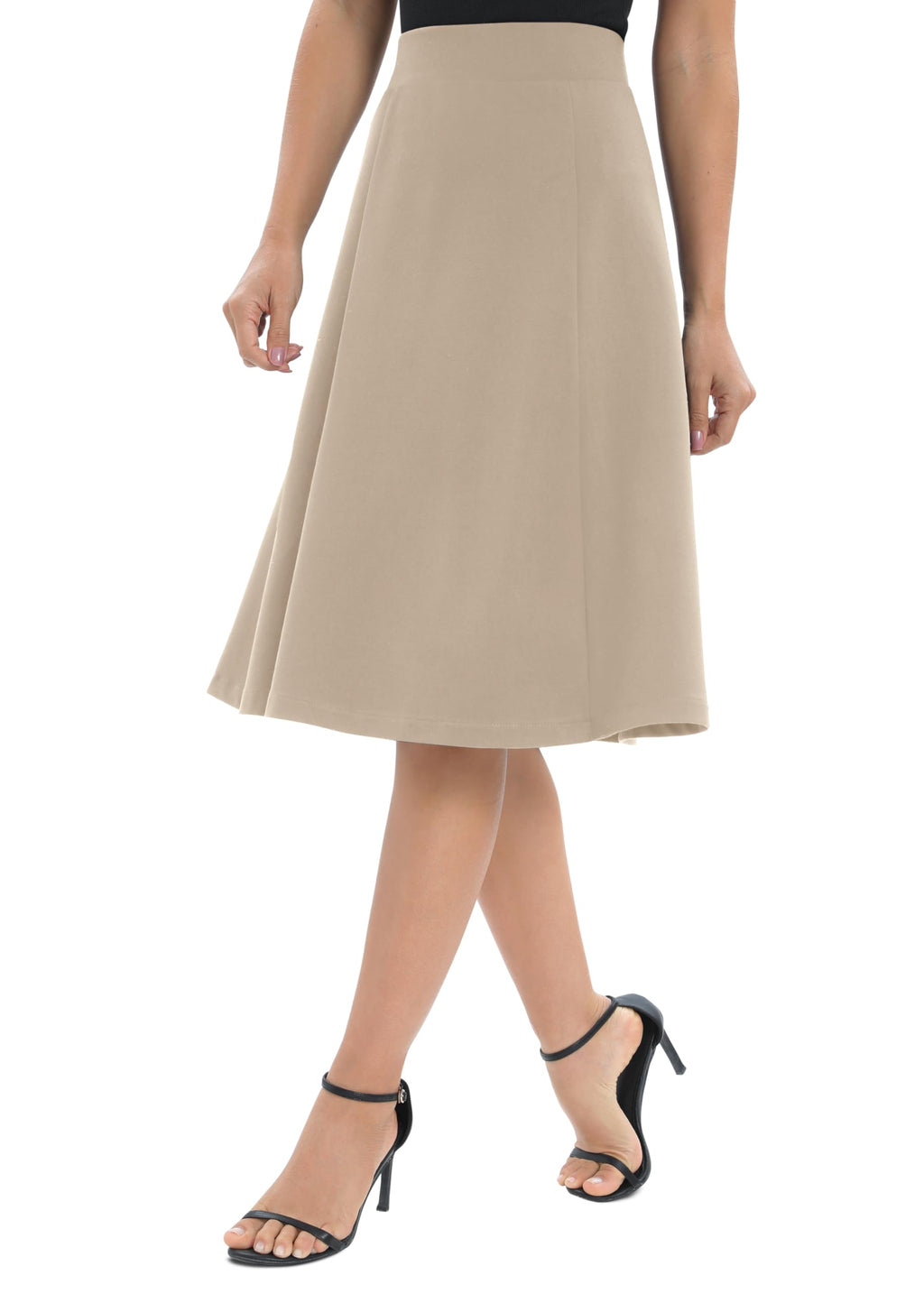 Urban CoCo Women's A-Line Elastic High Waist Flare Work Midi Knee Length Stretchy Skirt(S, Camel)