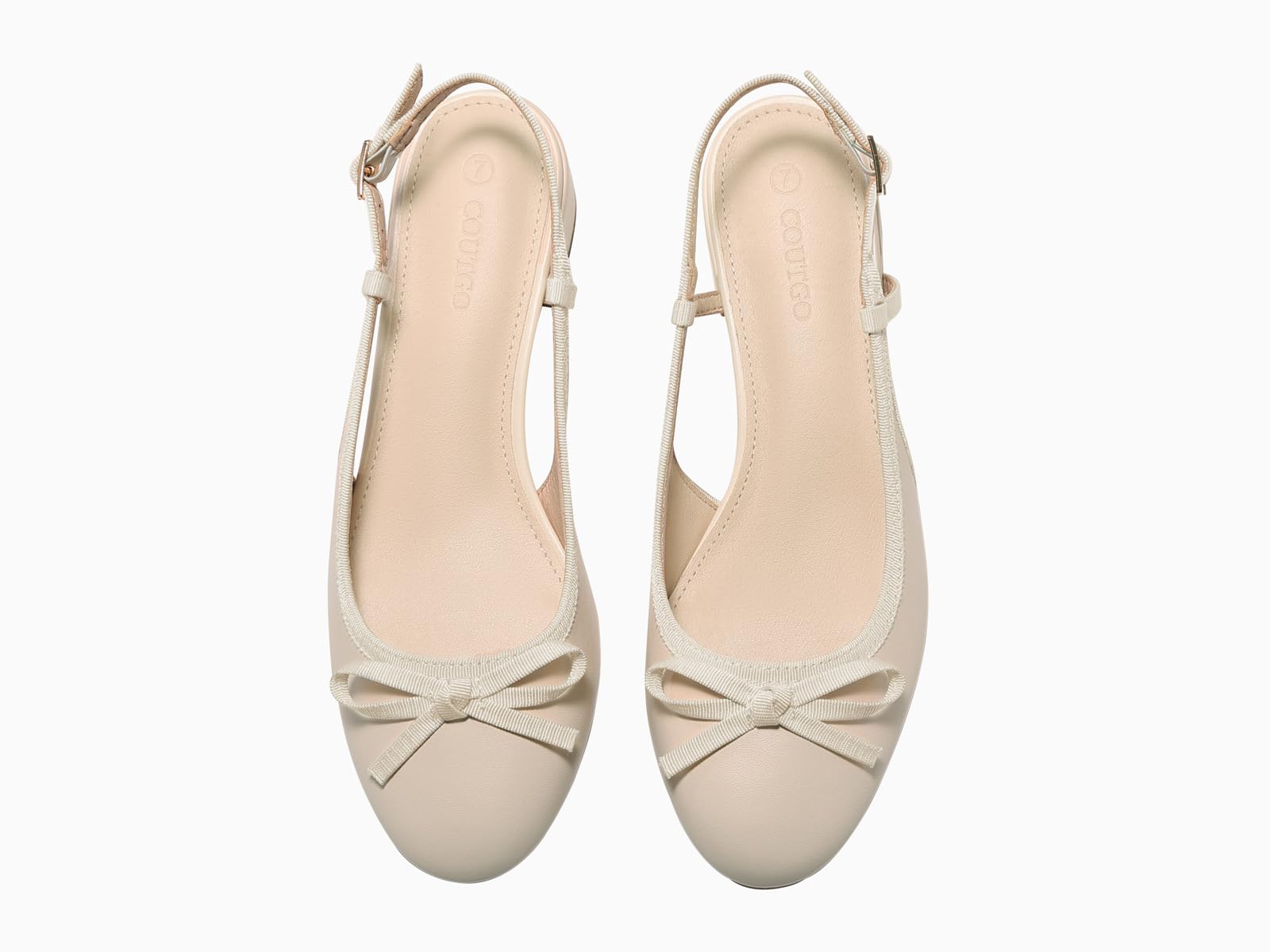 Coutgo Womens Chunky Low Heels Slingback Ballet Bow Pumps Closed Toe Wedding Dress Shoes, Beige, Size 8