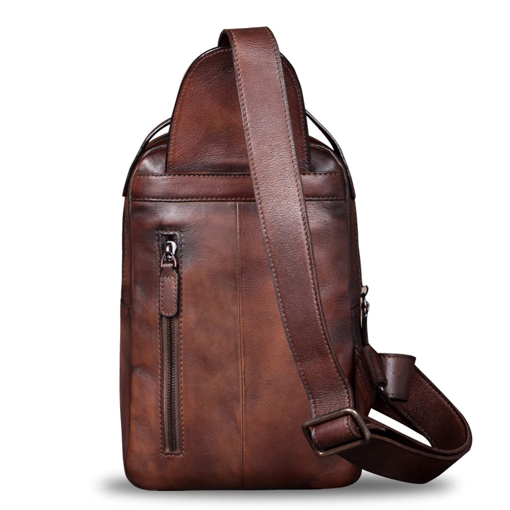IVTG Genuine Leather Sling Bag Chest Shoulder Fanny Bag Hiking Backpack Vintage Handmade Crossbody Daypack (Coffee)