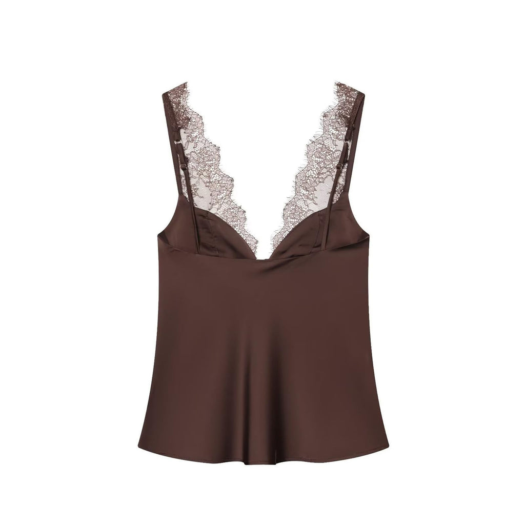 WDIRARA Women's Lace Trim Satin Blouses Elegant Sleeveless Deep V Neck Dressy Casual Tops Brown Large