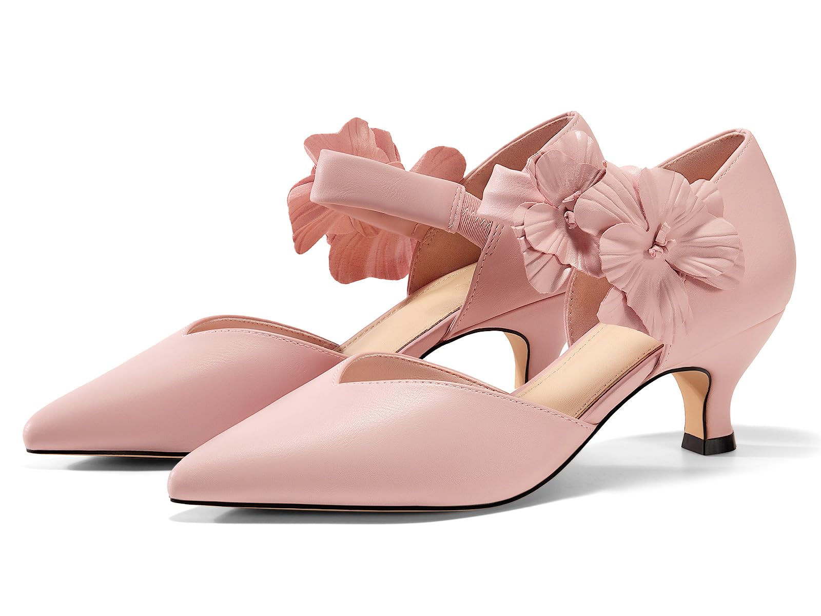 Coutgo Womens Low Kitten Heels Dressy Shoes Comfortable Closed Toe Flower Slip on Formal Party Dance Heeled Pumps, Pink, Size 8.5