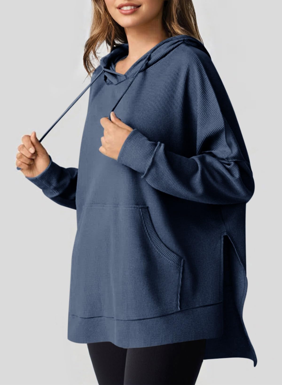 Dokotoo Women Ladies Hoodies Oversized Long Sleeve Sweatshirt for Women 2025 Fashion Plus Size Waffle Knit Winter Clothes Hooded Sweatshirts Casual Loose Hoodie with Pocket Dark Blue Small