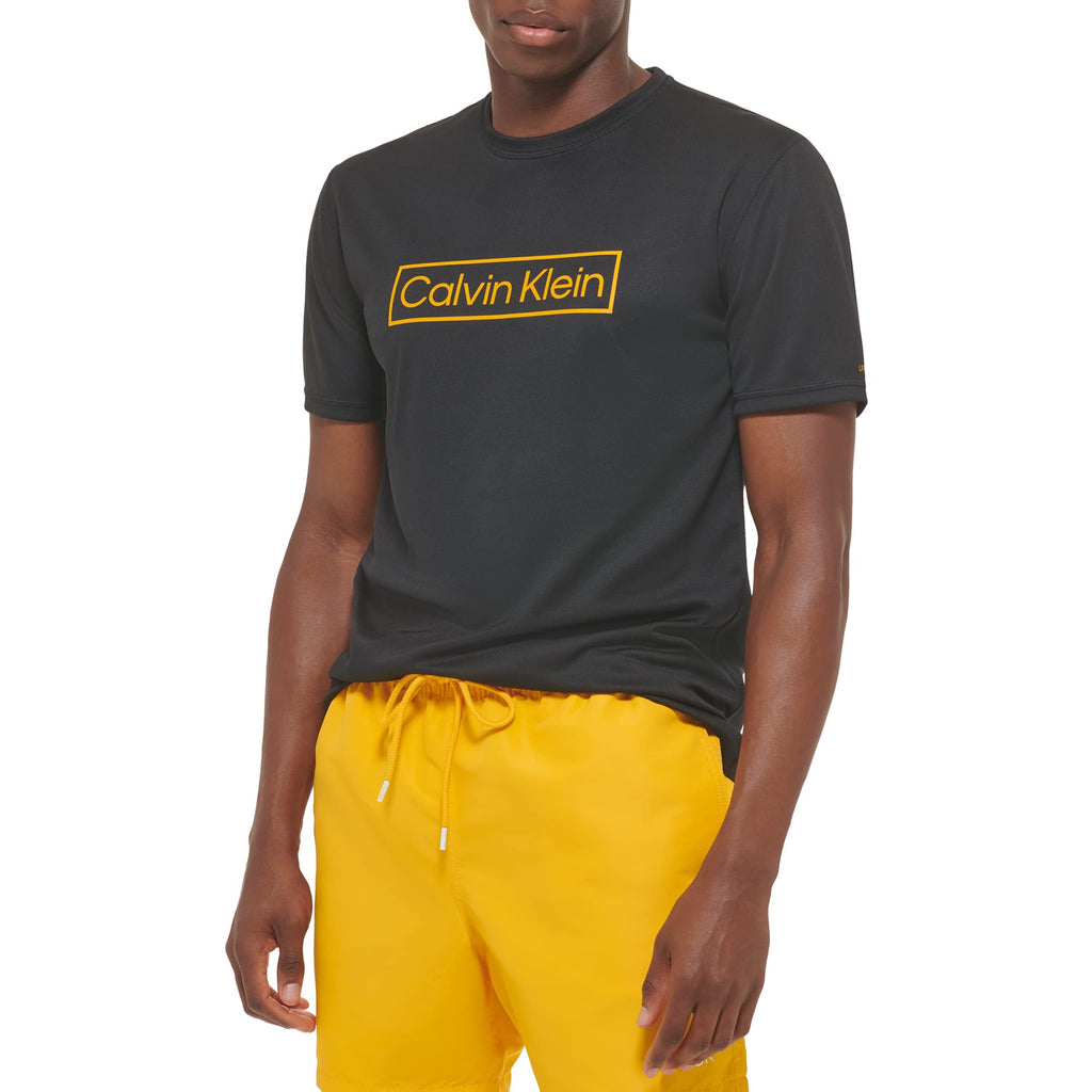 Calvin Klein Men's Standard Light Weight Quick Dry Short Sleeve 40+ UPF Protection Active Top, Black Logo, XX-Large