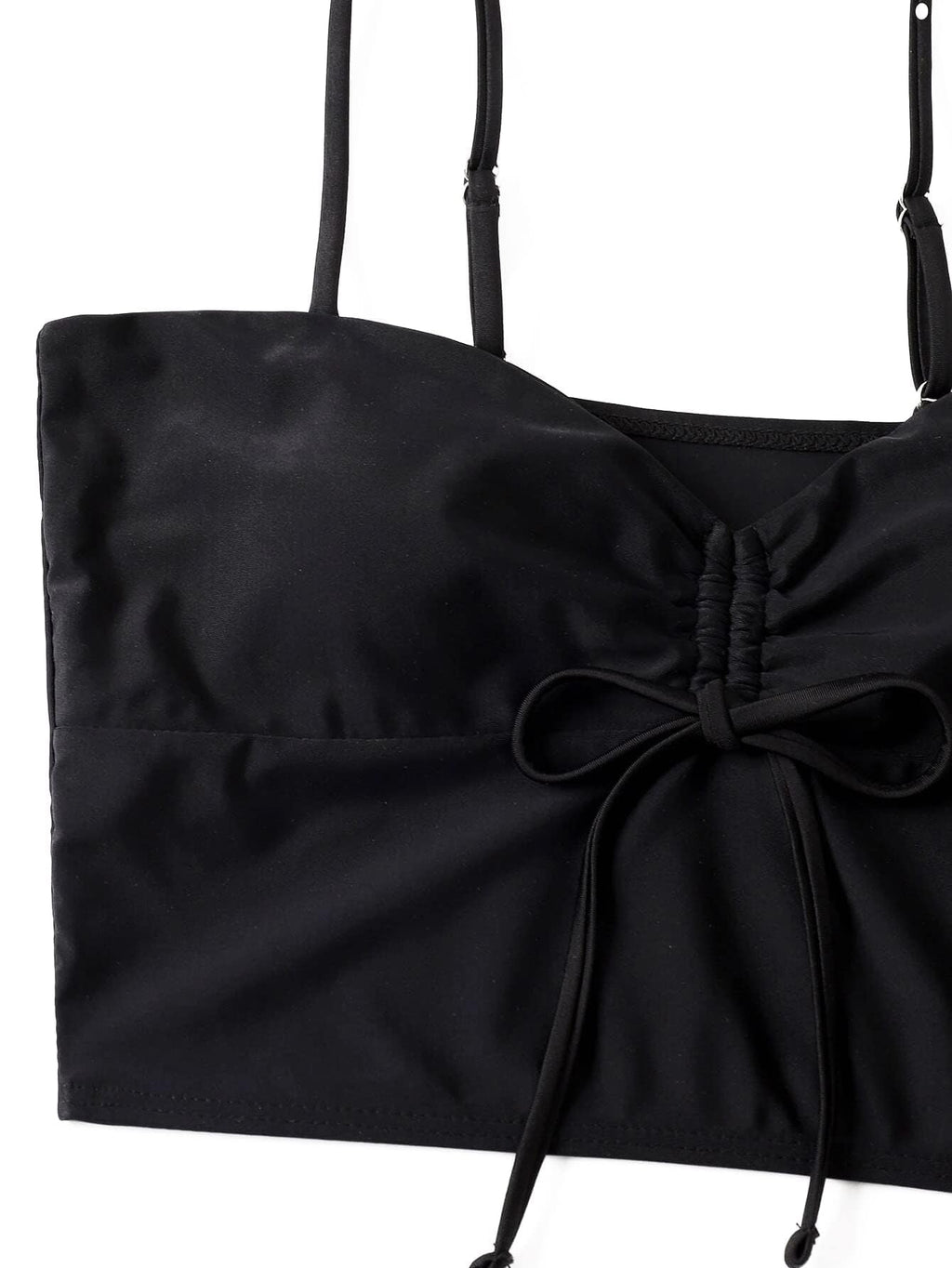 Lilosy Petite Tummy Control Drawstring High Waisted Bikini Set String Swimsuit Spaghetti Strap Cami Top and Tie Side Shorts 2 Piece Women Bathing Suit Black X-Small