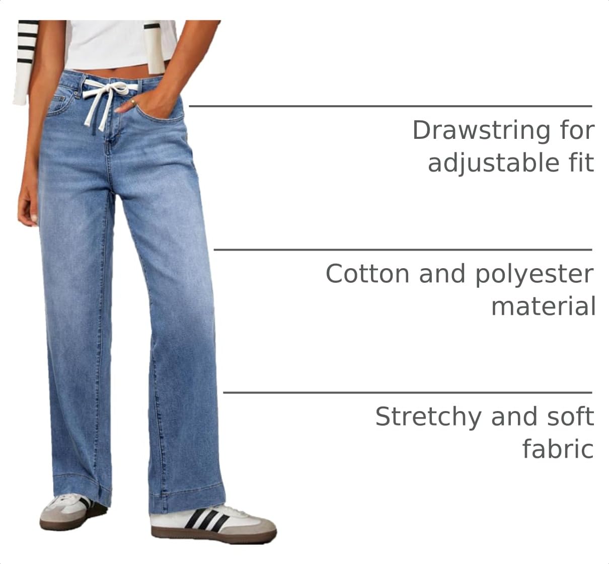 Sidefeel Women's Wide Leg Jeans High Waisted Stretchy Straight Baggy Drawstring Denim Pants Light Blue Size 12