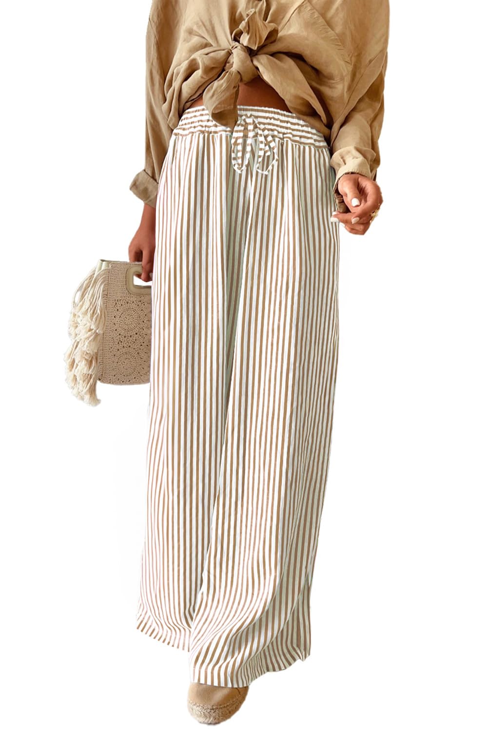 Acelitt Womens Casual Striped Wide Leg Pants Drawstring Elastic High Waisted 2026 Spring Fashion Beach Pants Trousers with Pockets Khaki Medium