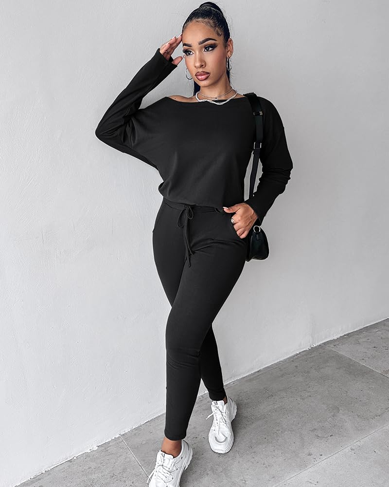 CHICME Womens Tracksuit Fall 2 piece Outfits Pants Set-Black-Large