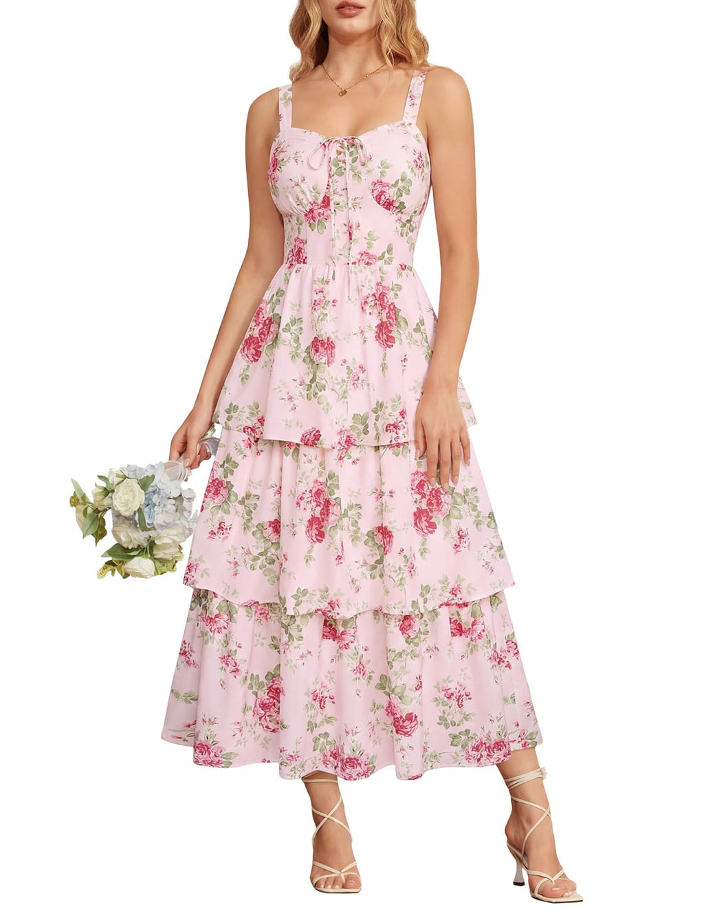 Women's Wedding Guest Dresses Maxi Floral Dress Summer Ruffle Long Corset Milkmaid Dress Pink Rose Size 16