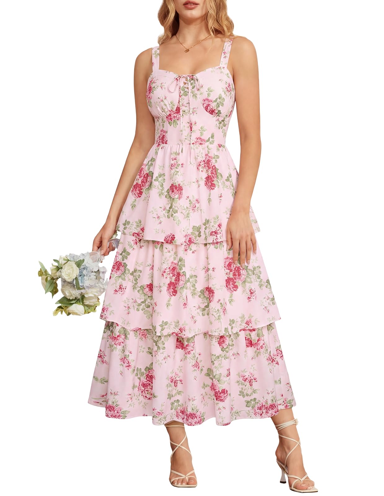 Women's Wedding Guest Dresses Maxi Floral Dress Summer Ruffle Long Corset Milkmaid Dress Pink Rose Size 16