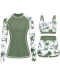 Green Palm Tree 3 Piece Rash Guard for Women - Long Sleeve Swimsuits with Shorts SPF Zip up Swim Shirt with Built in Bra M
