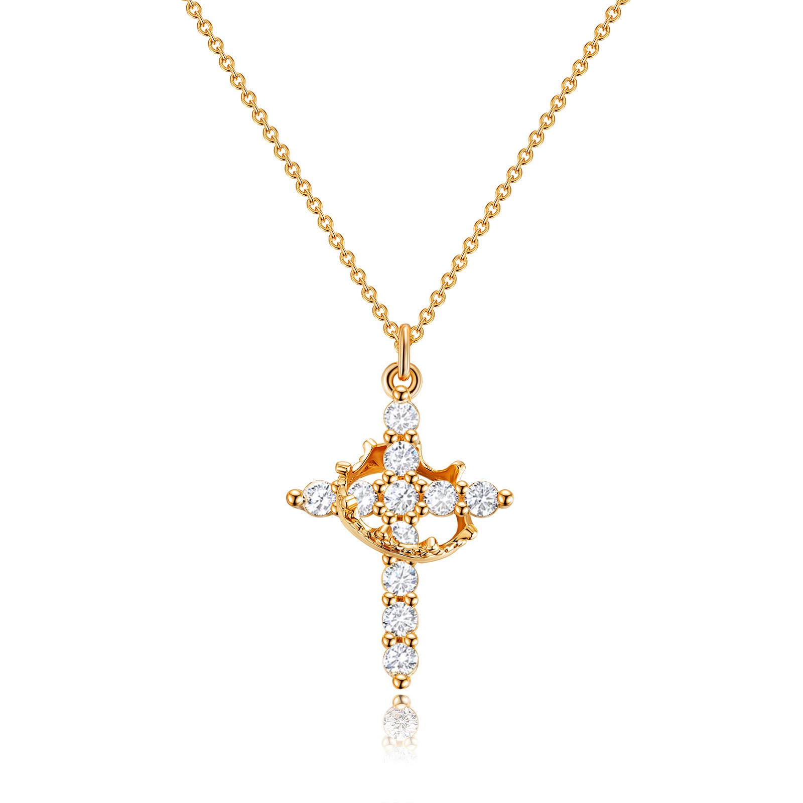 Robaice Gold Cross Necklace for Women, 14K Gold Plated Crown Cross Pendant Necklace Cross Necklaces Faith Jewelry First Communion Necklace, Gold