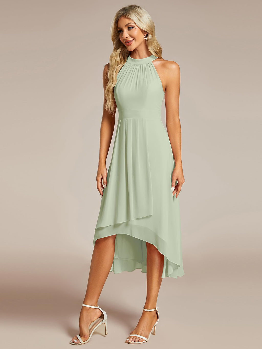 Ever-Pretty Women's Sexy Halter Neck Pleated Sleeveless Hi-Lo Chiffon Summer Wedding Guest Dress Cocktail Dresses Mint Green US16