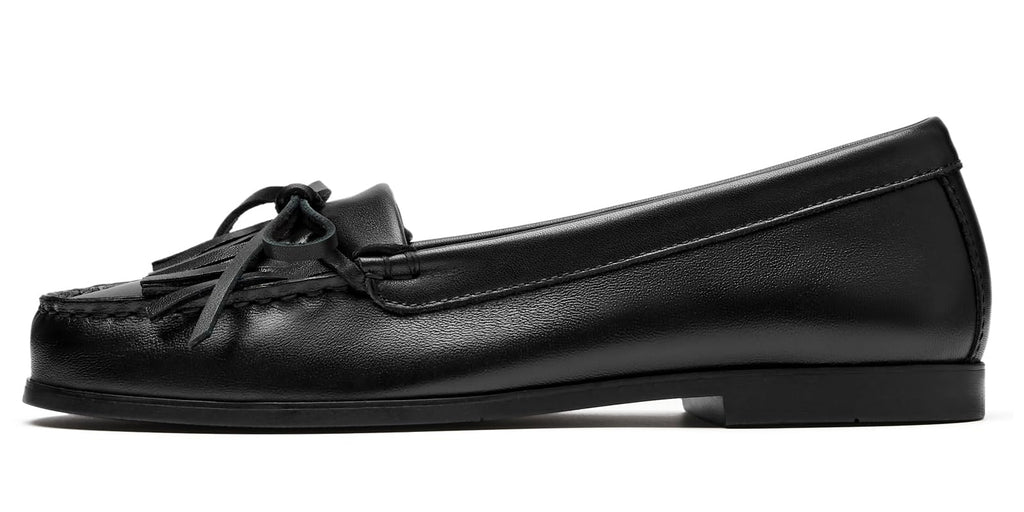 Journey West Women's Comfortable Soft Sheepskin Leather Loafers, Lightweight Tassel & Bow Slip On Flats, Premium Business Casual Driving Shoes Black US 9.5