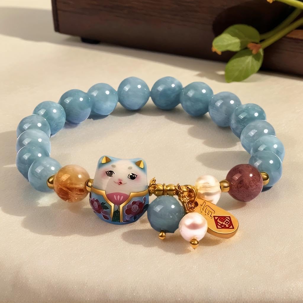 Lucky Cat Bracelet with Blue Crystal, Ceramic Cat Pendant, Feng Shui Good Luck Jewelry for Women, Wealth & Protection Bracelet