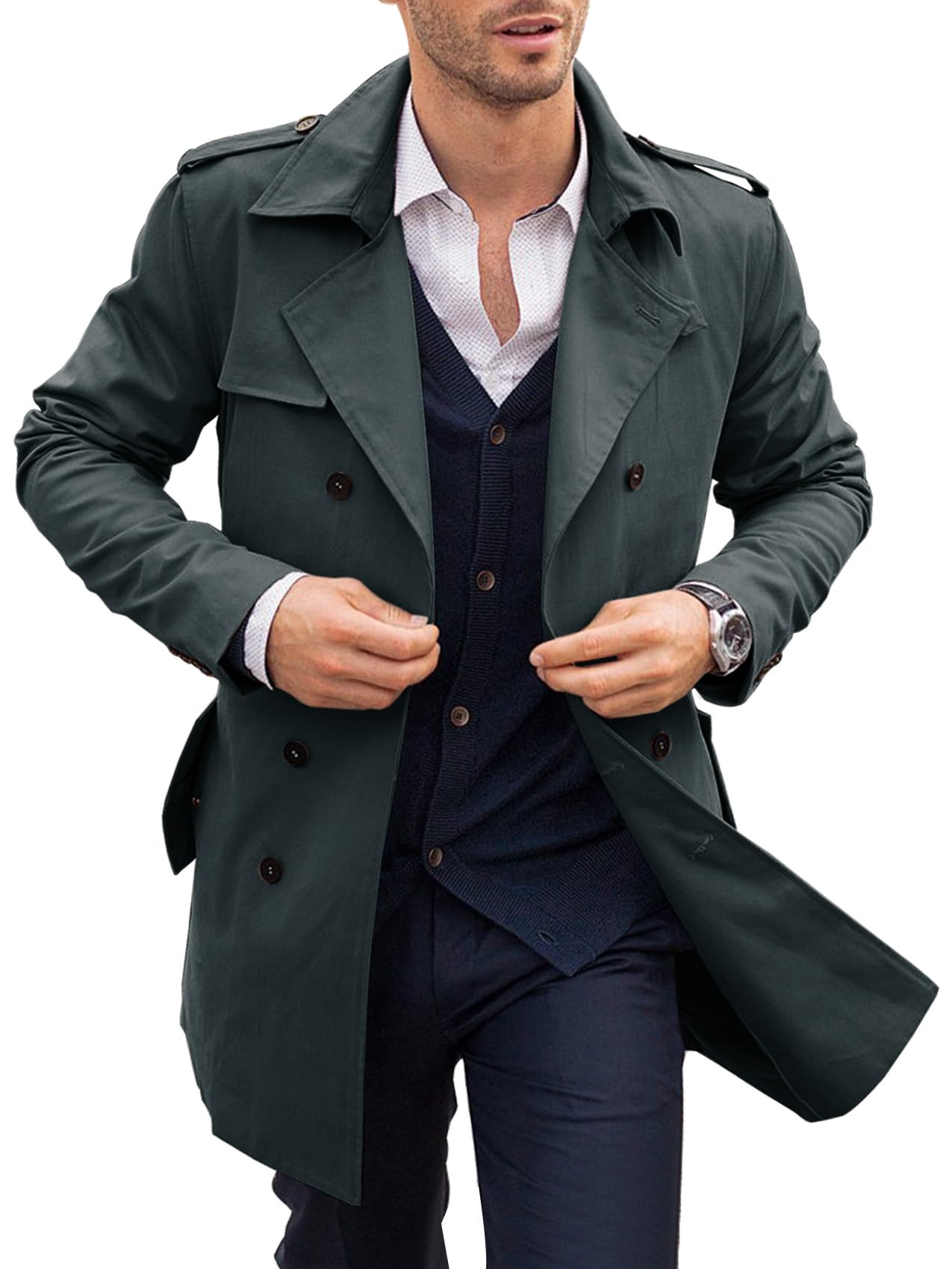 PASLTER Mens Trench Coat Notched Lapel Double Breasted Long Jacket Windbreaker Overcoat Pea Coat