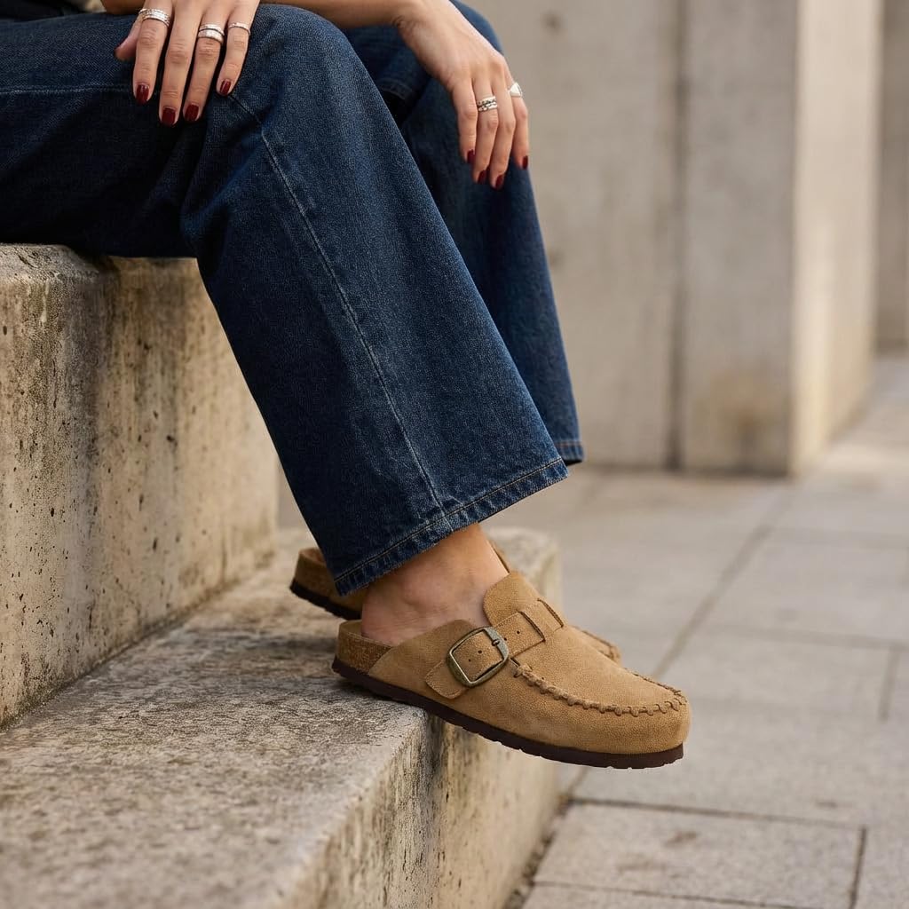 CUSHIONAIRE Canoe Genuine Suede Clogs for Women Footwear with Moc Toe Design – Casual Slip On Womens Shoes, CAMEL 8W