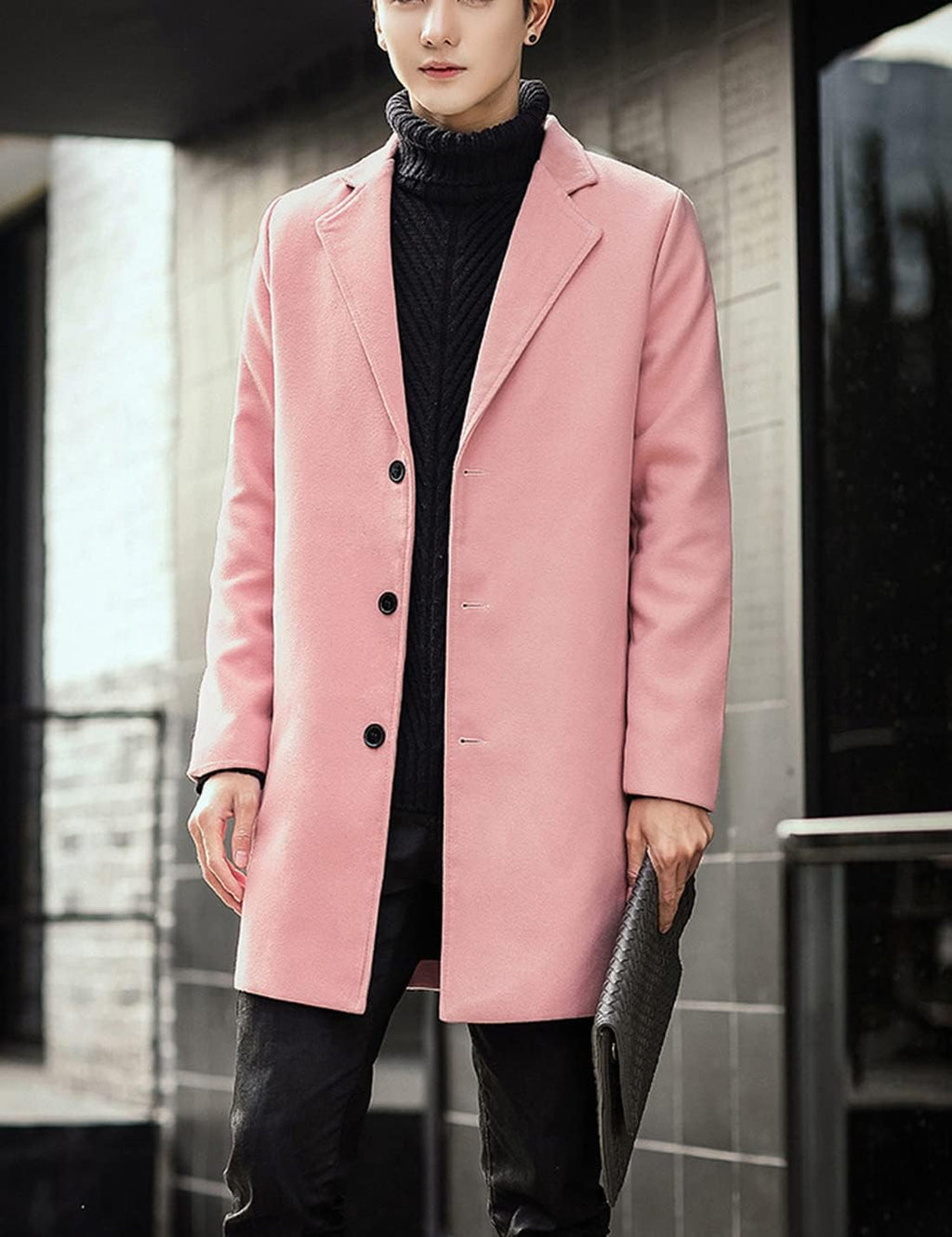 Springrain Men's Wool Blend Pea Coat Notched Collar Single Breasted Overcoat Warm Winter Trench Coat(Pink-S)