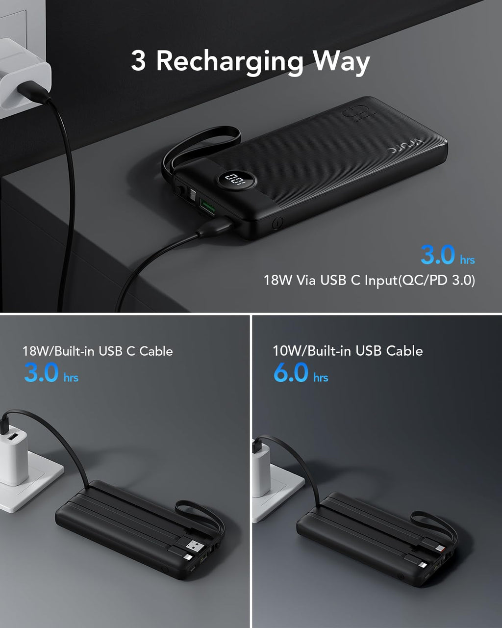 VRURC Portable Charger, 22.5W Fast Charging Power Bank Built‑in 4 Cables, 10000mAh Slim Lightweight Travel Battery Pack for iPhone, Samsung & Multi Devices, Pocket‑Friendly with Lanyard(1 Pack)
