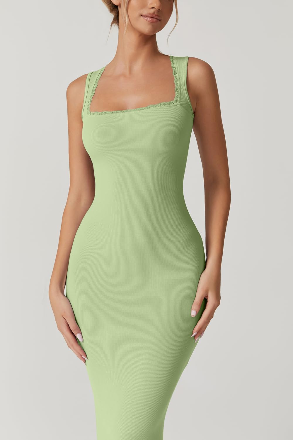 QINSEN Women's Square Neck with Lace Detail Long Maxi Dress Sleeveless Lounge Ribbed Full Length Dresses Green S