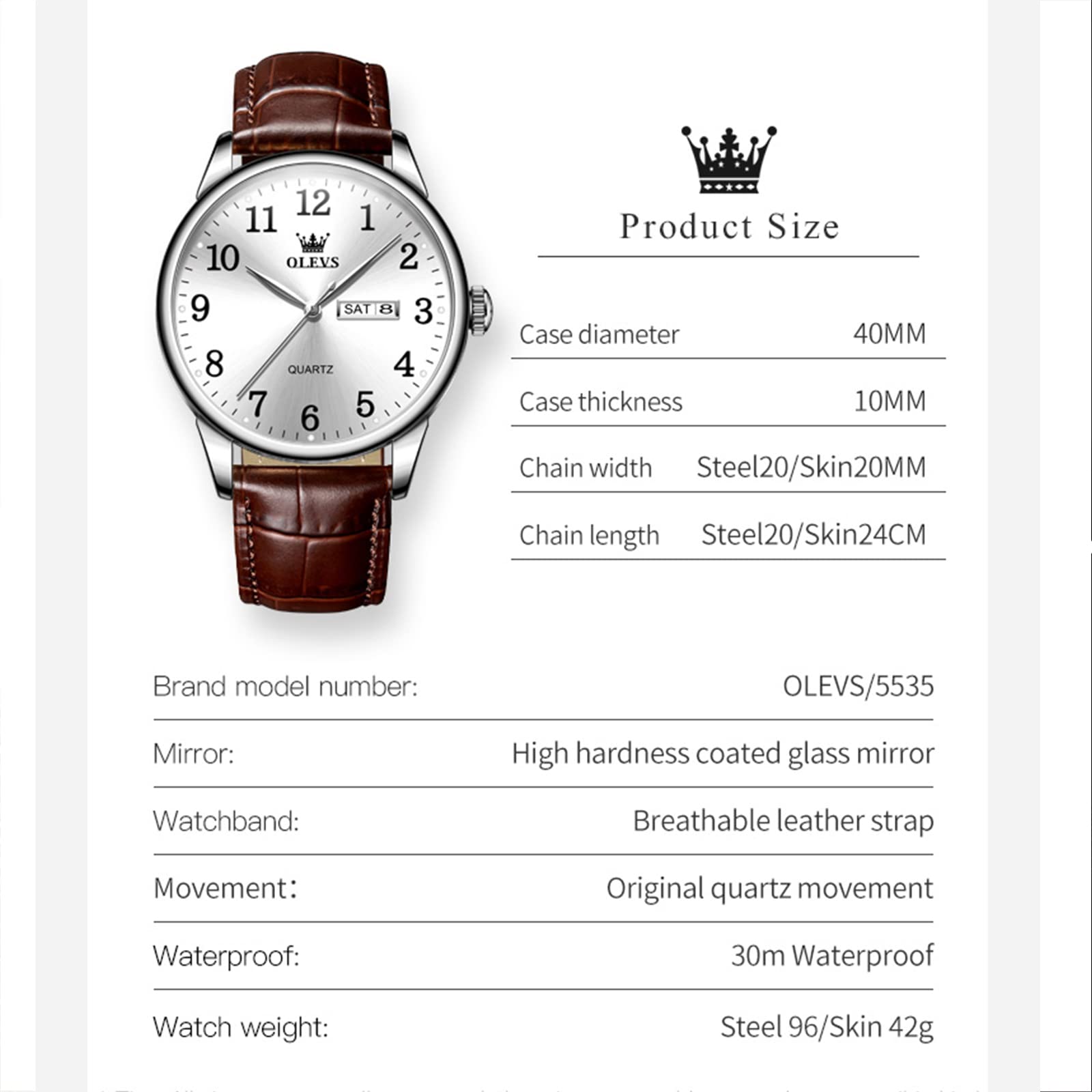 OLEVS Men Watches Dress Waterproof Brown Leather Band Classic Large Face Luxury Watches for Men Casual Original Analog Business Dainty Watch Men Two Tone Fashion Elegant Adjustable Quartz Watches Men