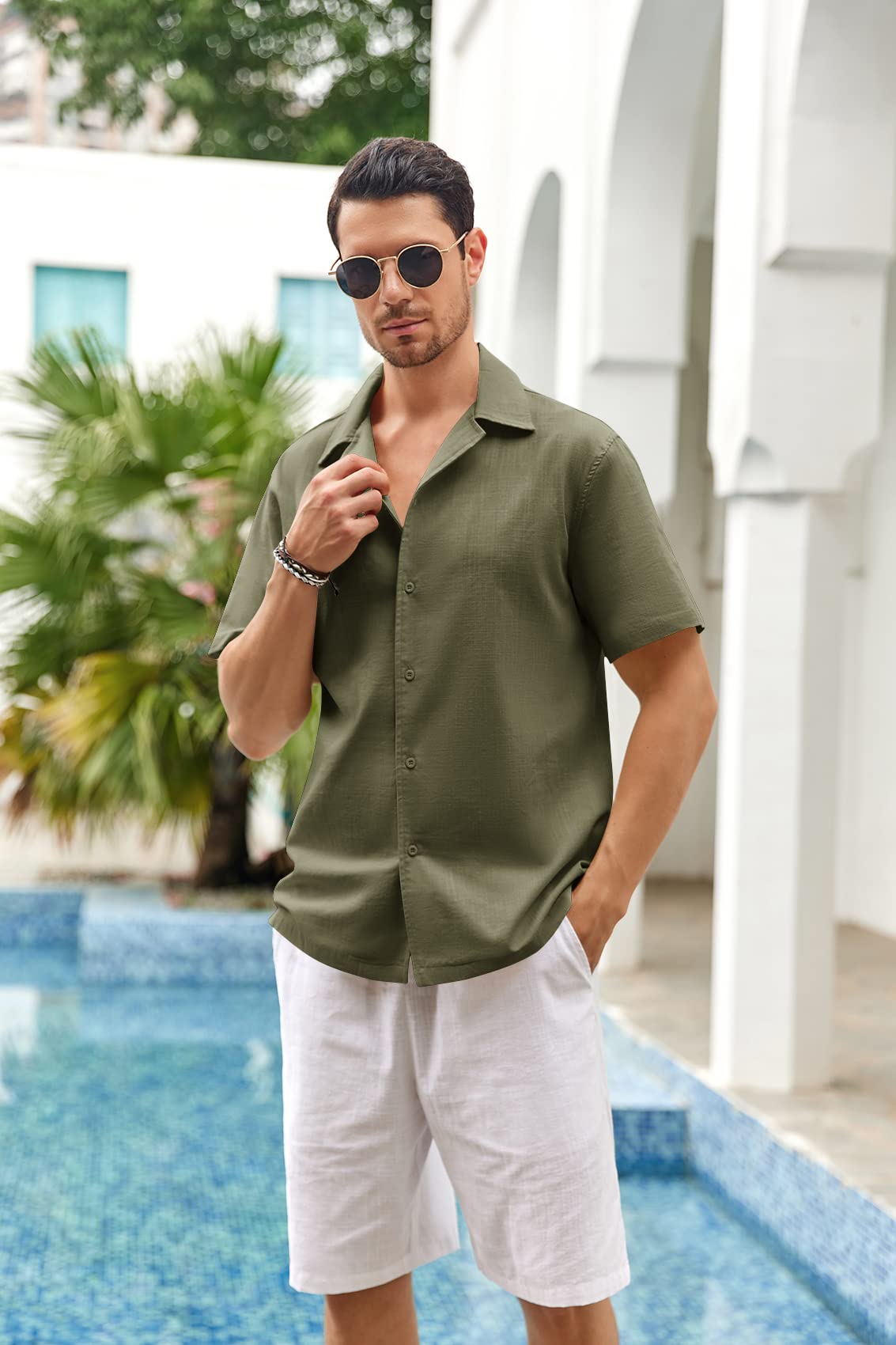 Mens Linen Button Down Shirts Short Sleeve Basic Cuban Regular Fit Wedding Summer Beach Tops Army Green