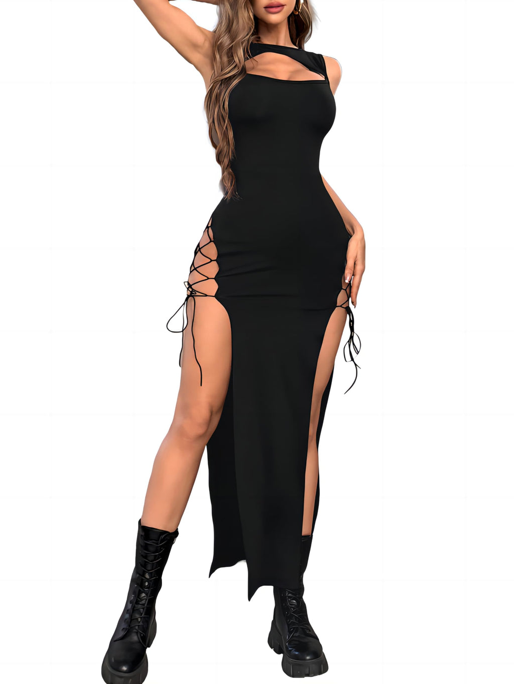GothDark Black Goth Dress Women's Sexy Double High Slit Cut Out Round Neck Party Club Prom Midi Dresses