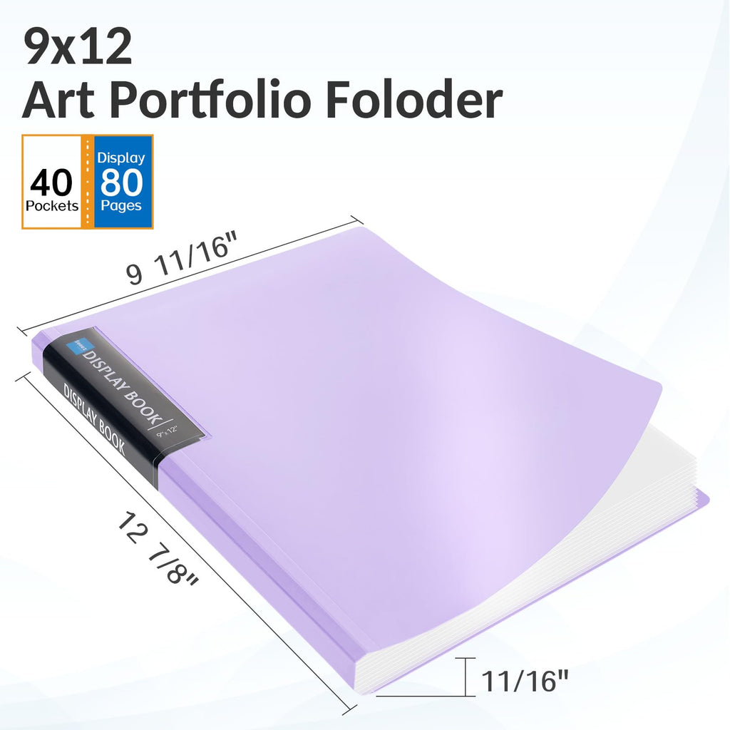 Sooez Art Portfolio 9"x12", 40 Pockets Large Display Folder with 80 Pages, Heavy Duty Presentation Book with Clear Sheet Protectors for Artwork Document Organizer Binder